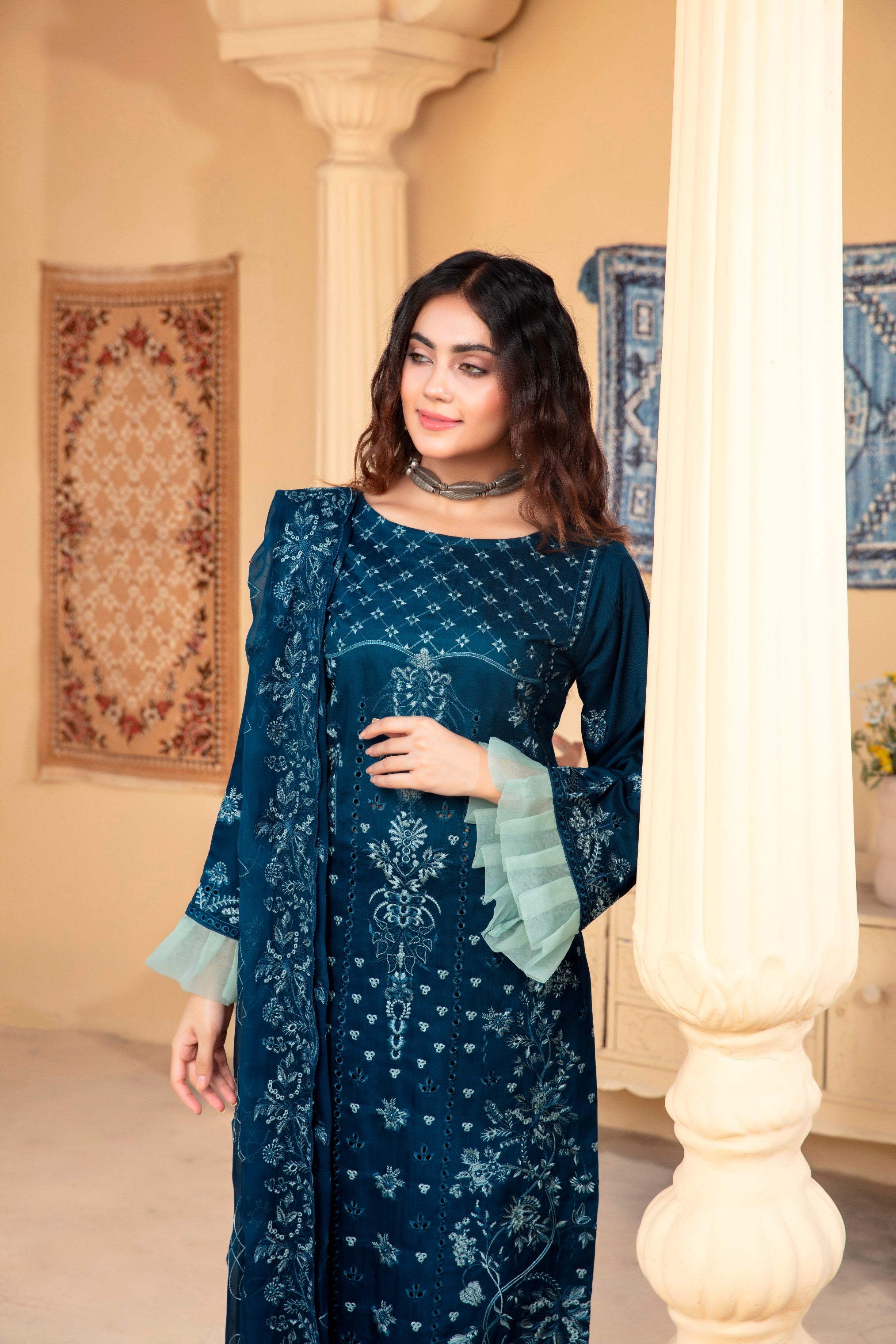 3-Pcs Luxury Embroidery Viscose Suit with Heavy Embroidery  Shirt Bamber Embroidery  Dupatta by Fiza Minahil (SN/1293)