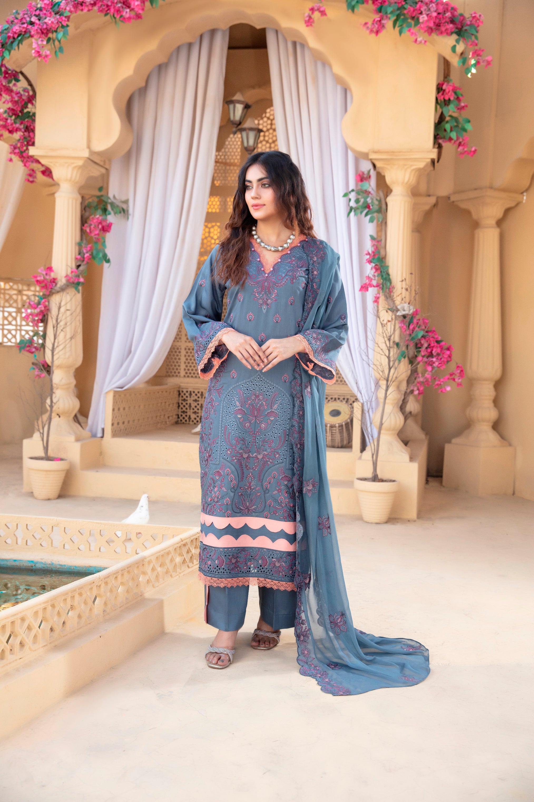 3-Pcs Luxury Embroidery Viscose Suit with Heavy Embroidery  Shirt Bamber Embroidery  Dupatta by Fiza Minahil (SN/1293.B)