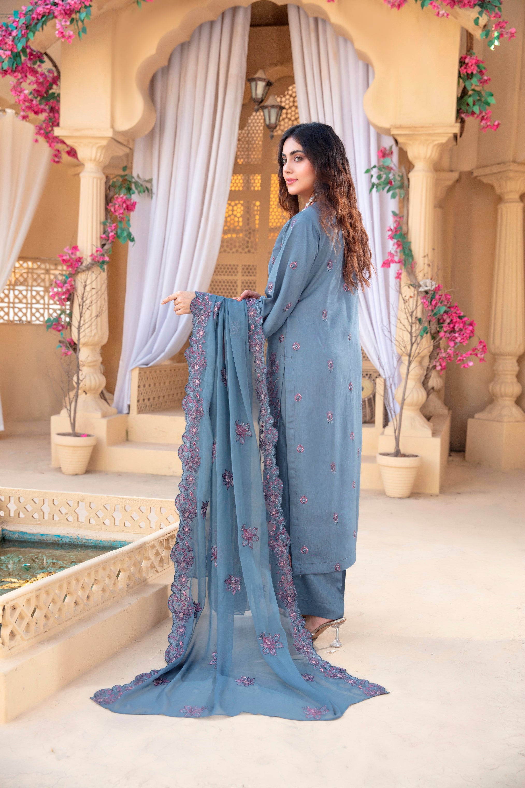 3-Pcs Luxury Embroidery Viscose Suit with Heavy Embroidery  Shirt Bamber Embroidery  Dupatta by Fiza Minahil (SN/1293.B)