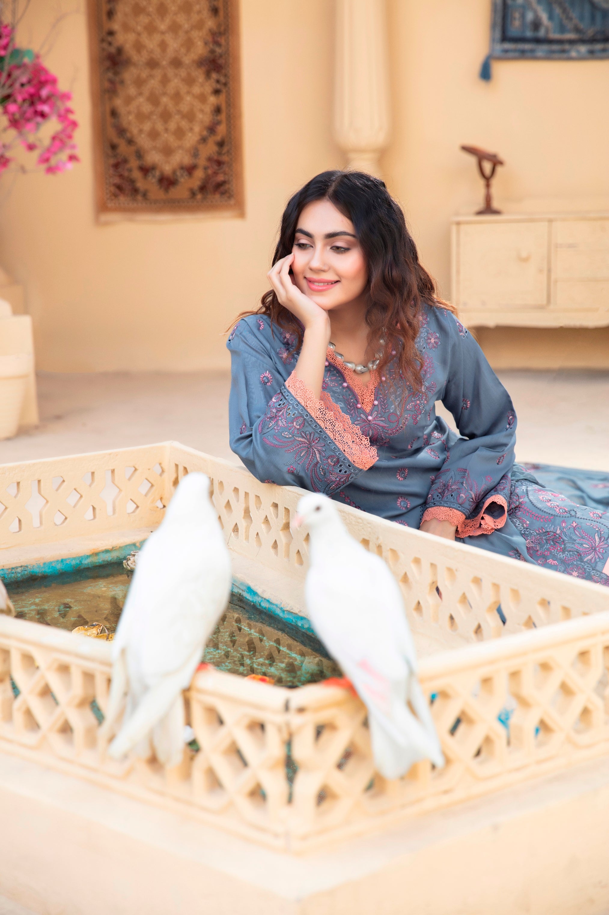 3-Pcs Luxury Embroidery Viscose Suit with Heavy Embroidery  Shirt Bamber Embroidery  Dupatta by Fiza Minahil (SN/1293.B)