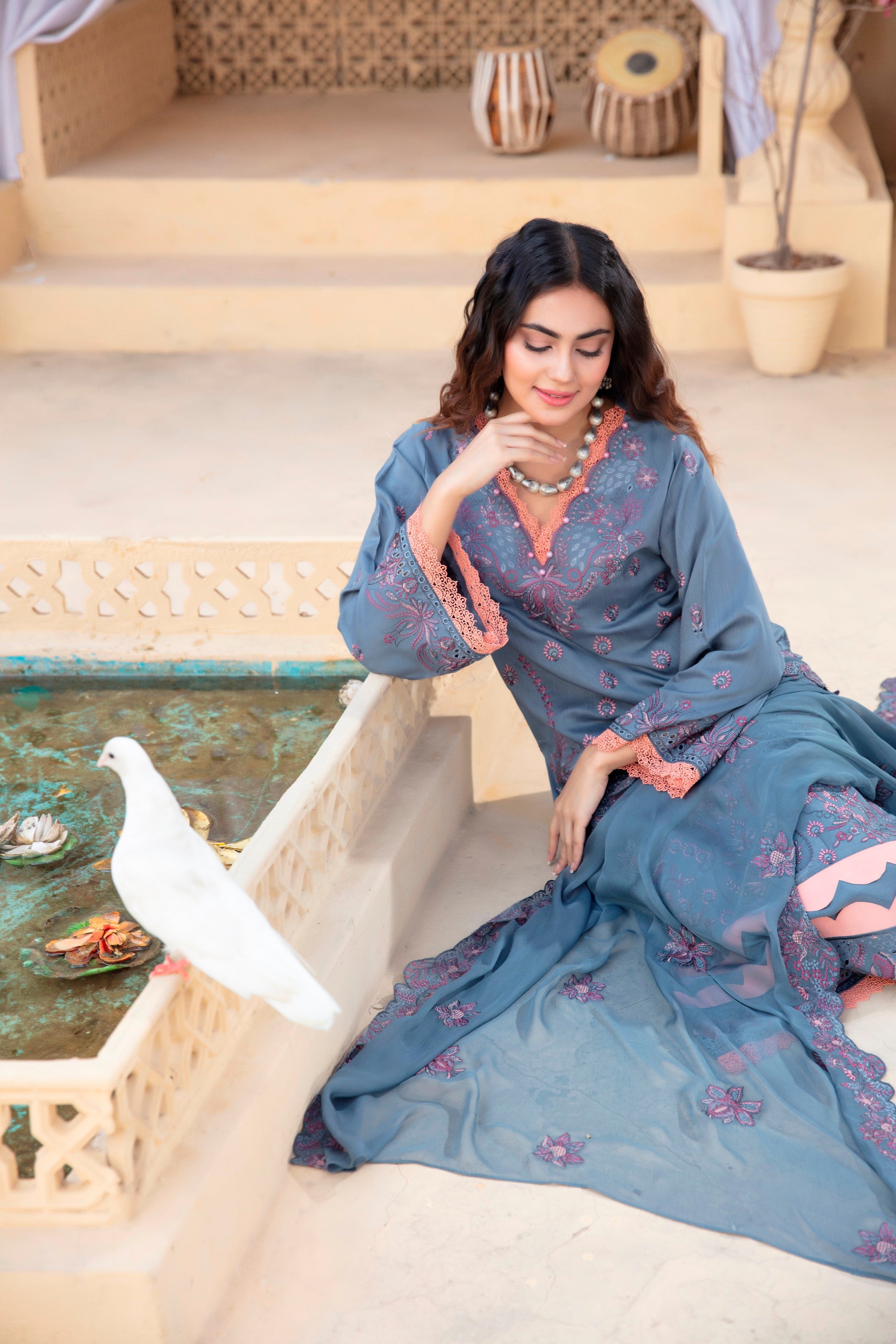 3-Pcs Luxury Embroidery Viscose Suit with Heavy Embroidery  Shirt Bamber Embroidery  Dupatta by Fiza Minahil (SN/1293.B)