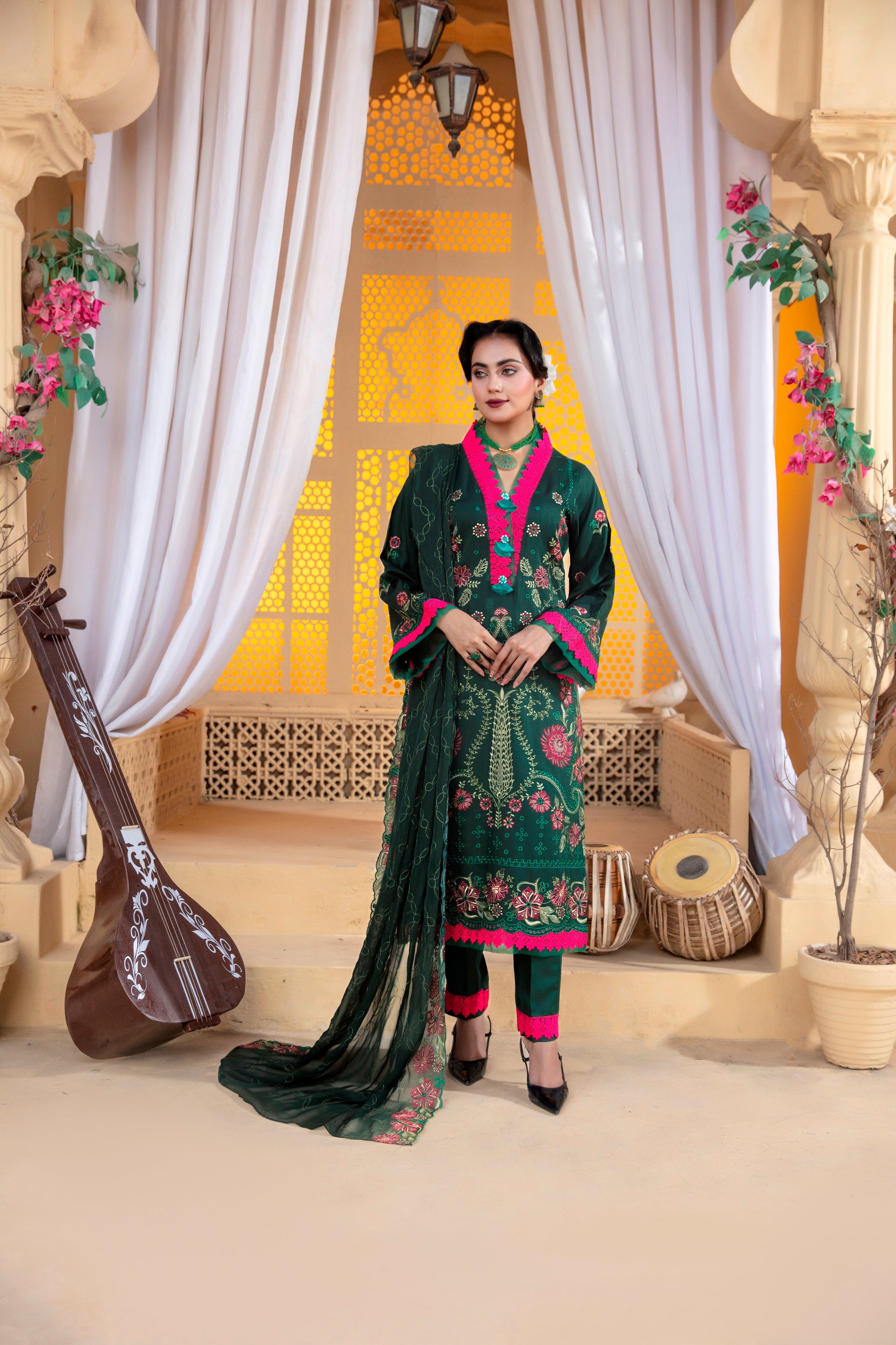 3-Pcs Luxury Embroidery Viscose Suit with Heavy Embroidery  Shirt Bamber Embroidery  Dupatta by Fiza Minahil (SN/1293.D)