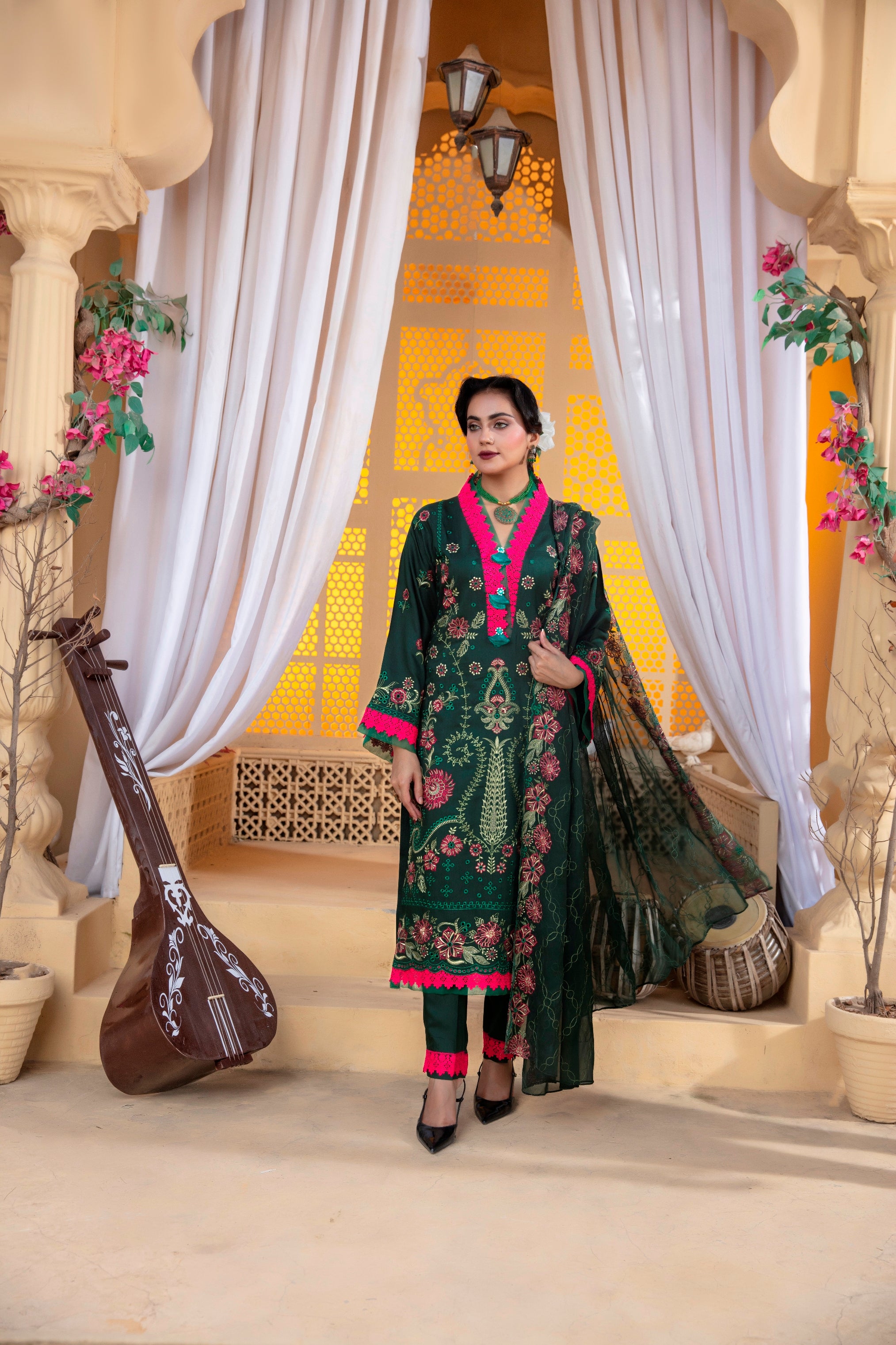 3-Pcs Luxury Embroidery Viscose Suit with Heavy Embroidery  Shirt Bamber Embroidery  Dupatta by Fiza Minahil (SN/1293.D)