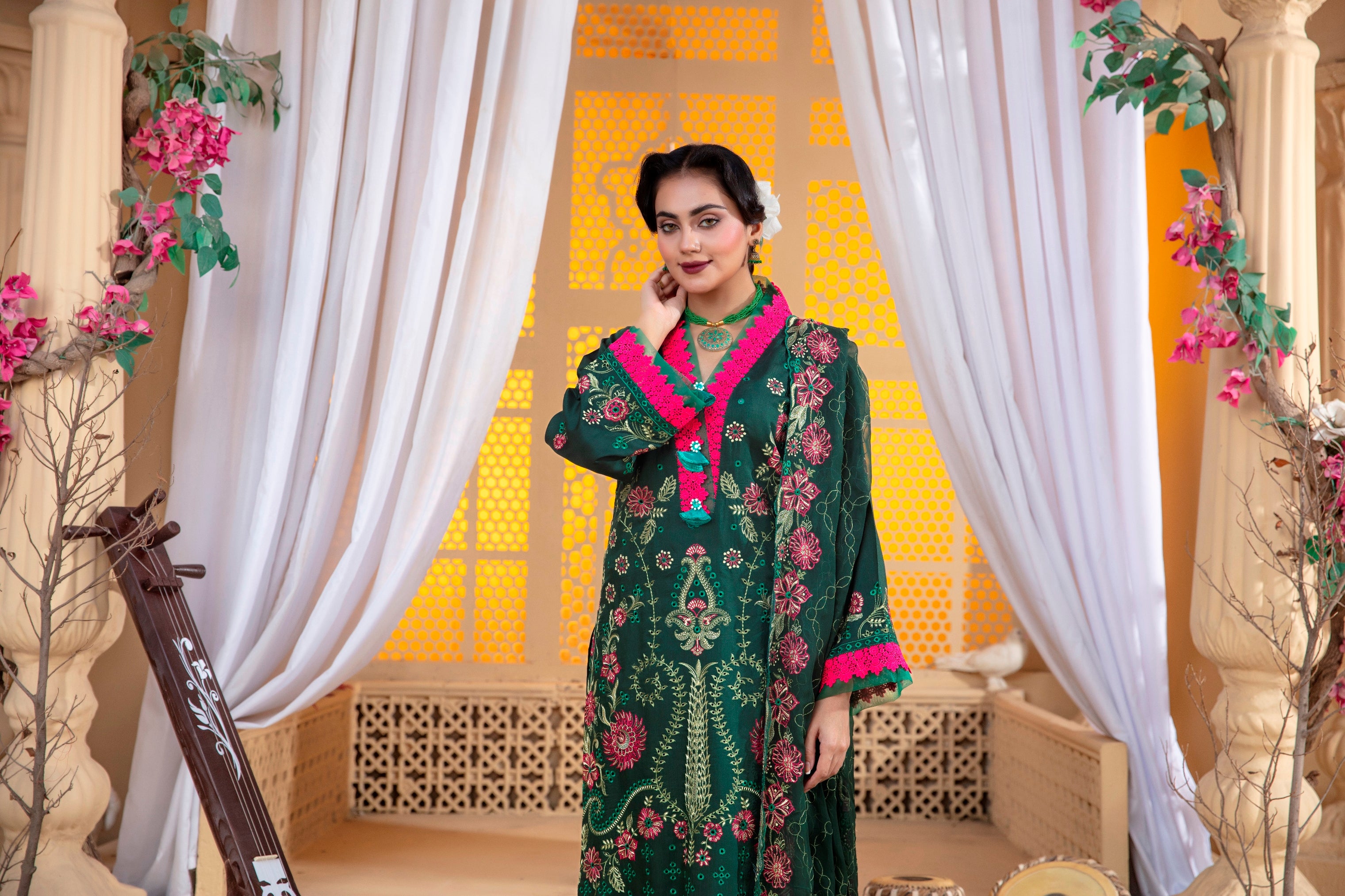 3-Pcs Luxury Embroidery Viscose Suit with Heavy Embroidery  Shirt Bamber Embroidery  Dupatta by Fiza Minahil (SN/1293.D)