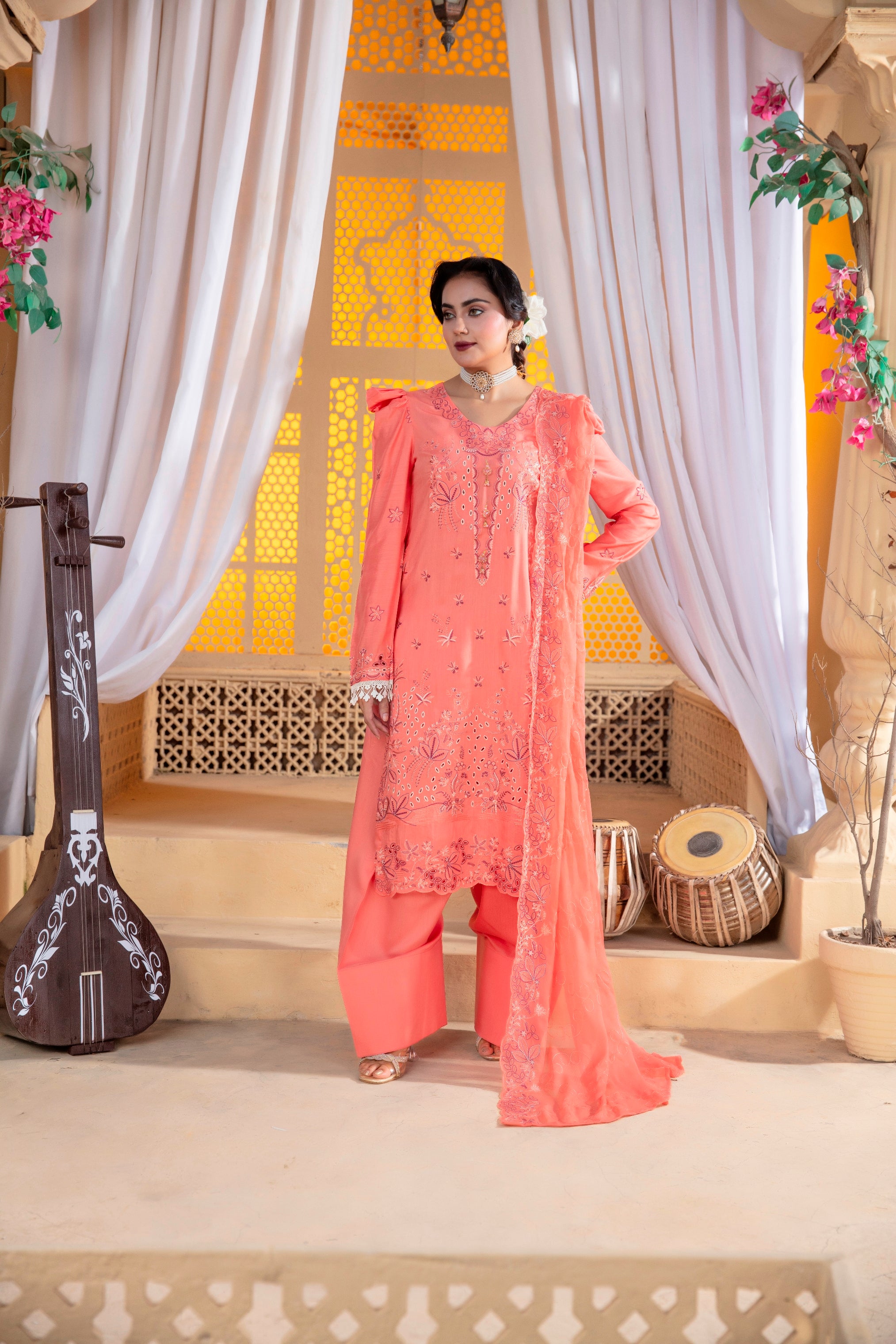 3-Pcs Luxury Embroidery Viscose Suit with Heavy Embroidery  Shirt Bamber Embroidery  Dupatta by Fiza Minahil (SN/1293.F)