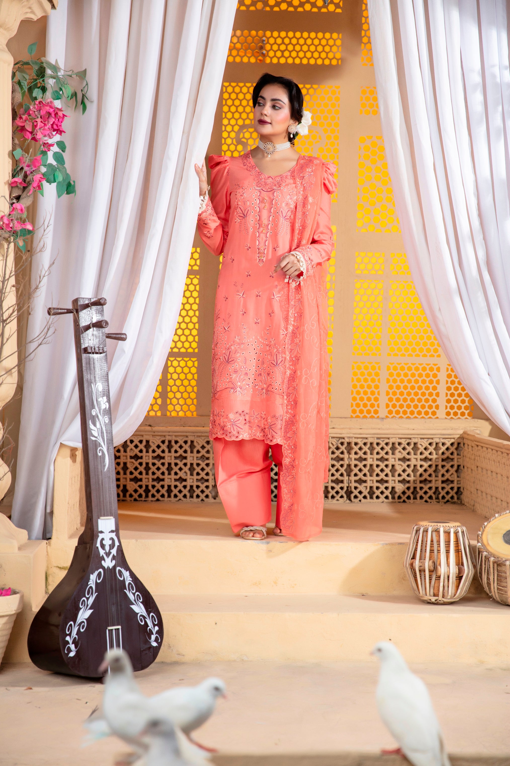 3-Pcs Luxury Embroidery Viscose Suit with Heavy Embroidery  Shirt Bamber Embroidery  Dupatta by Fiza Minahil (SN/1293.F)