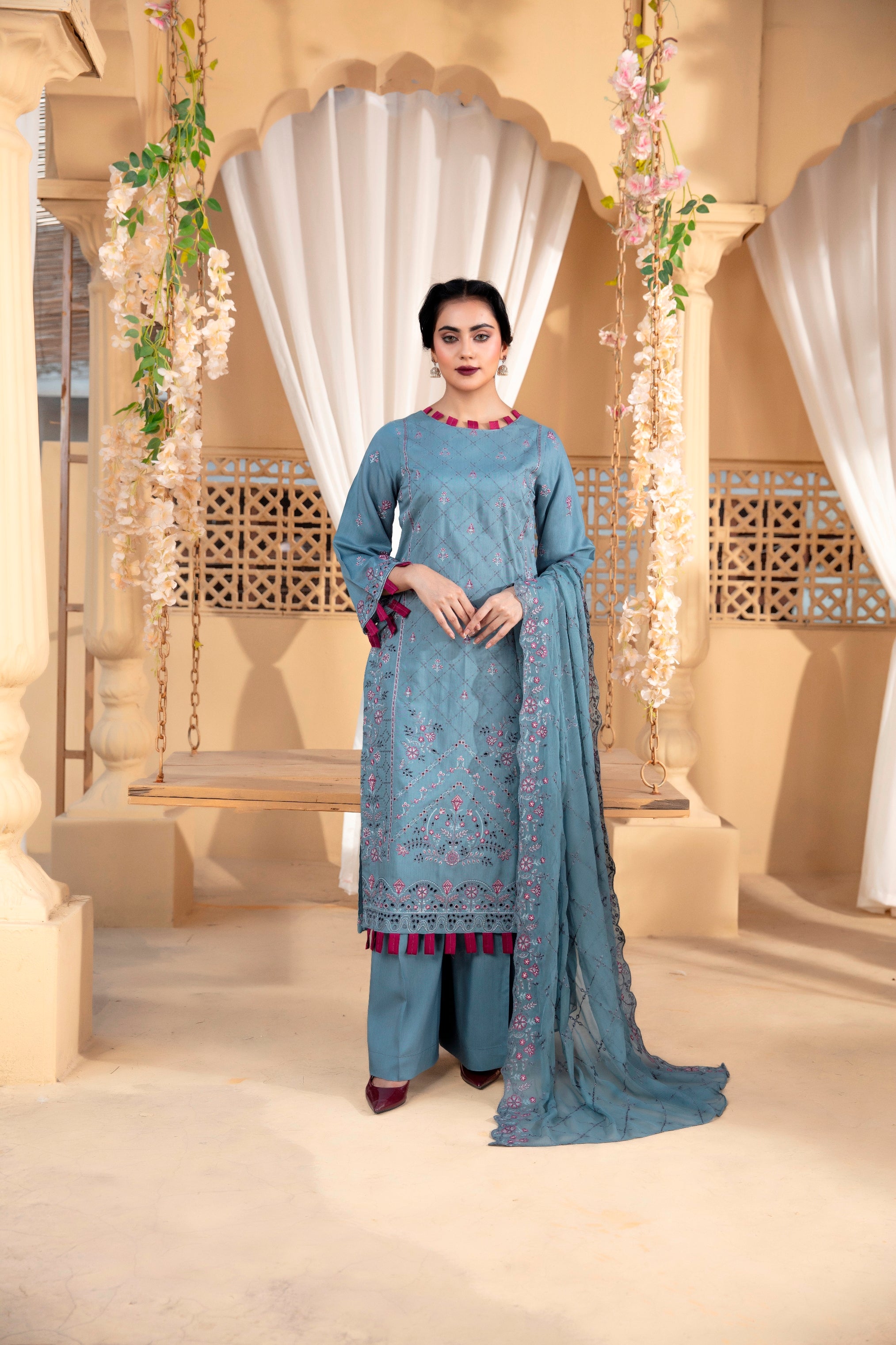 3-Pcs Luxury Embroidery Viscose Suit with Heavy Embroidery  Shirt Bamber Embroidery  Dupatta by Fiza Minahil (SN/1293.G)