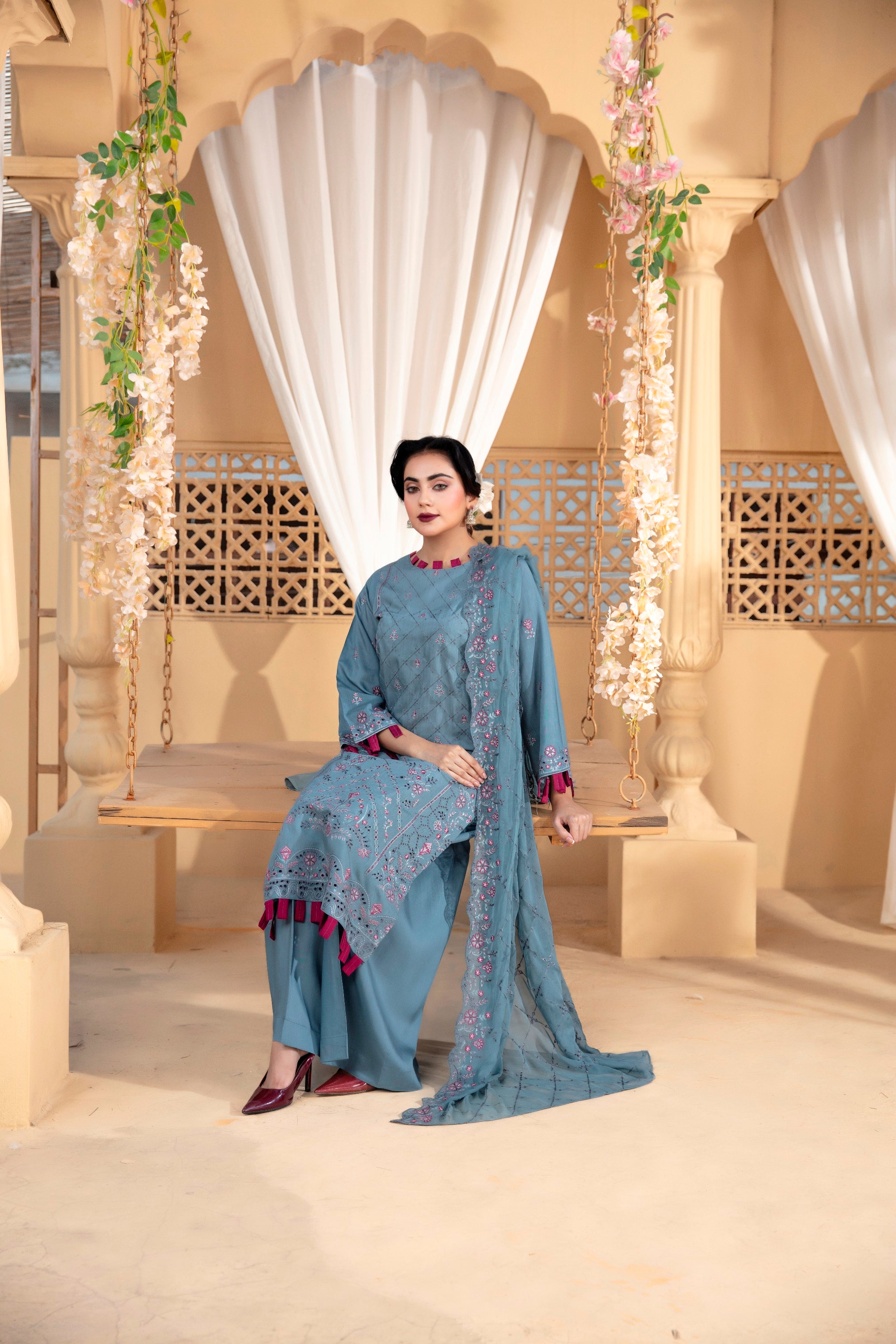 3-Pcs Luxury Embroidery Viscose Suit with Heavy Embroidery  Shirt Bamber Embroidery  Dupatta by Fiza Minahil (SN/1293.G)