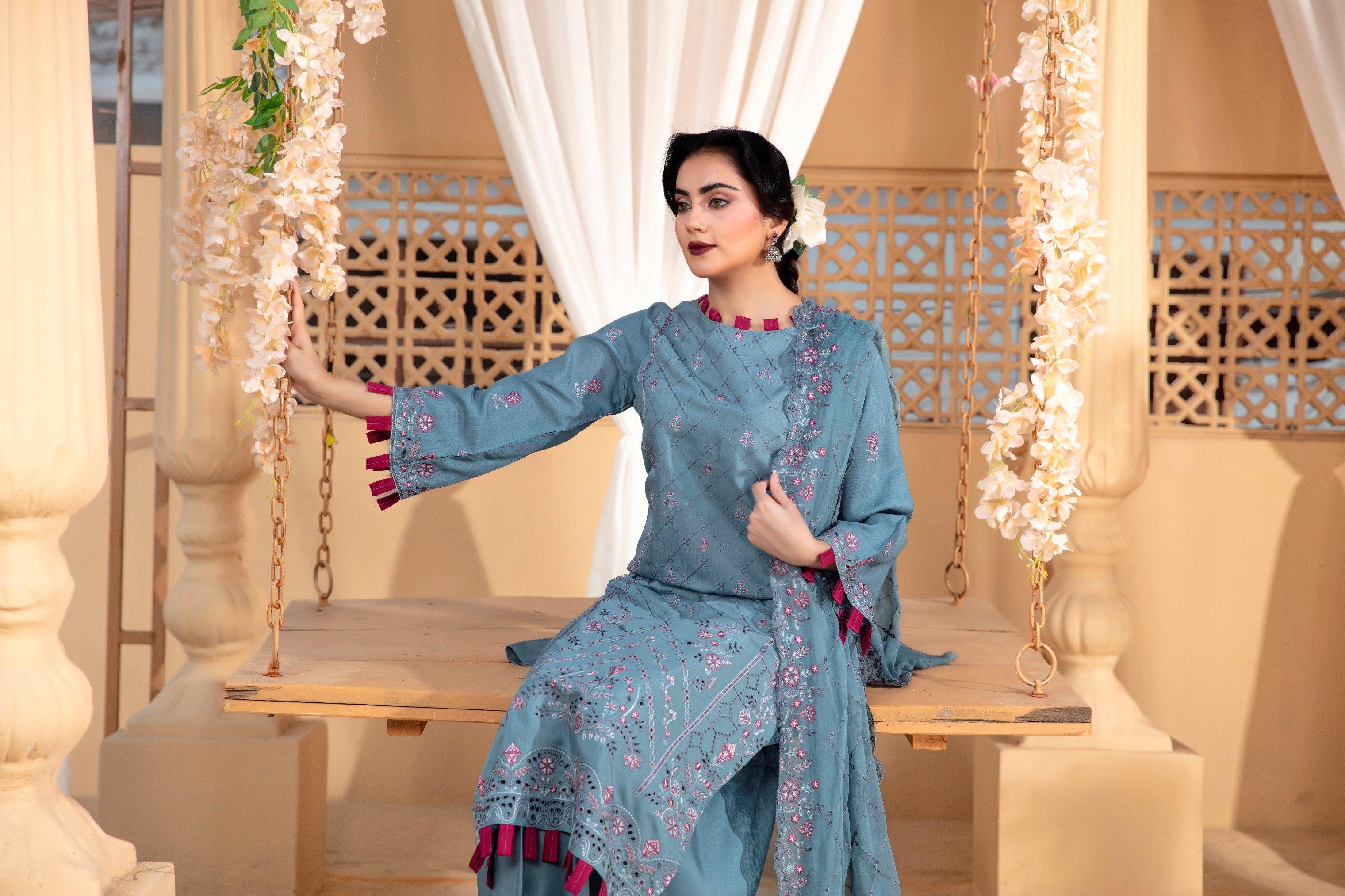 3-Pcs Luxury Embroidery Viscose Suit with Heavy Embroidery  Shirt Bamber Embroidery  Dupatta by Fiza Minahil (SN/1293.G)