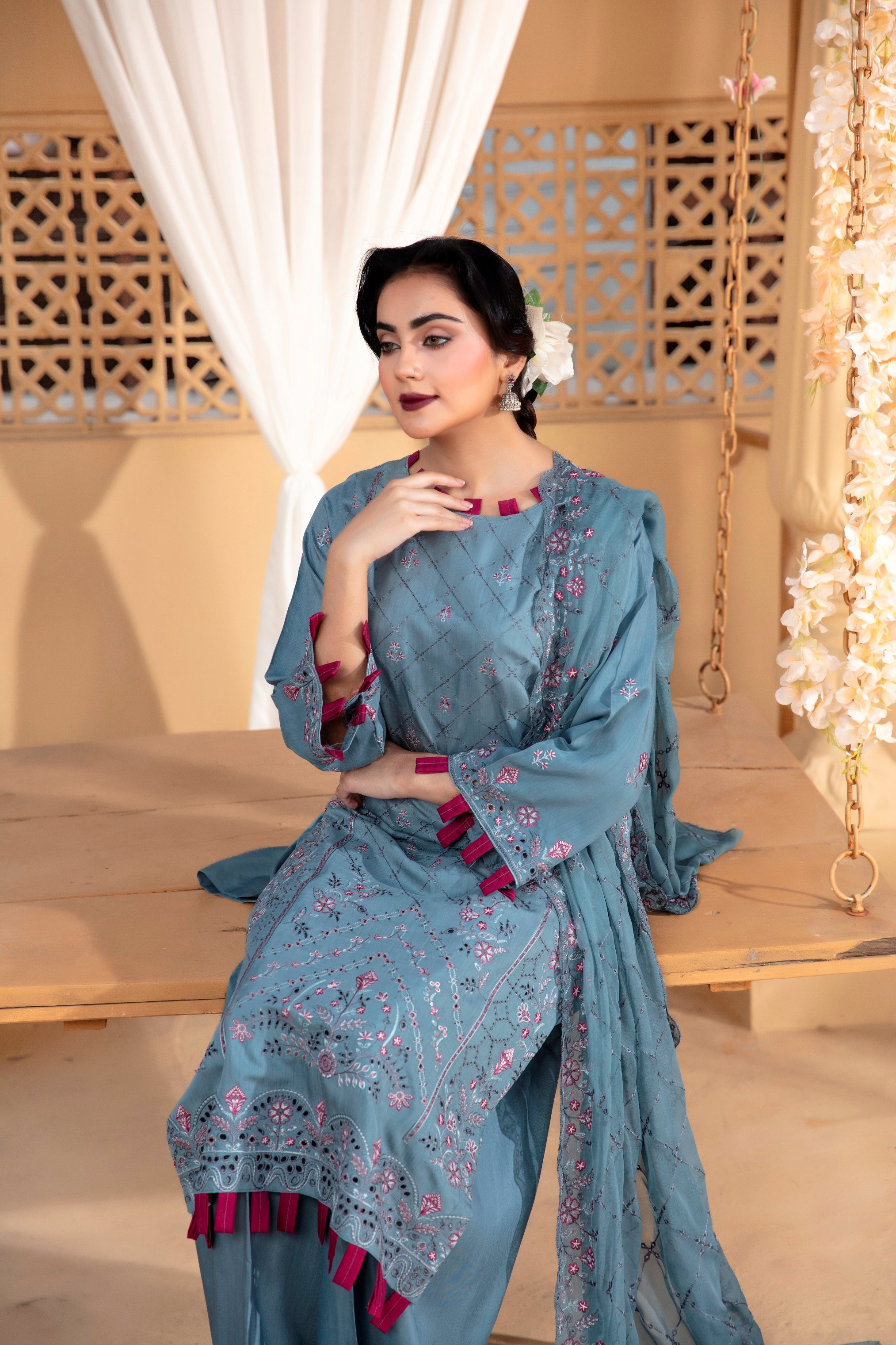 3-Pcs Luxury Embroidery Viscose Suit with Heavy Embroidery  Shirt Bamber Embroidery  Dupatta by Fiza Minahil (SN/1293.G)
