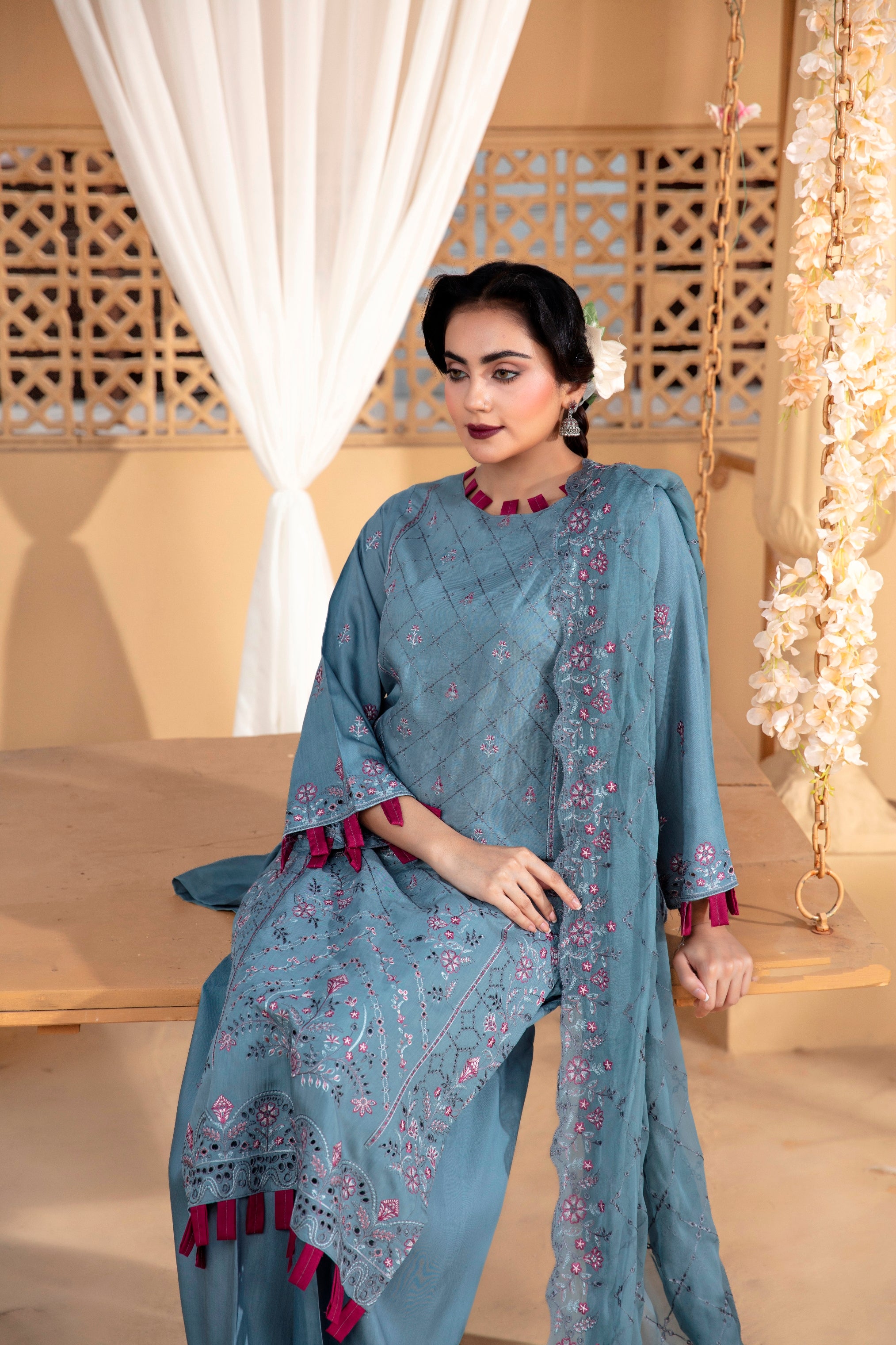 3-Pcs Luxury Embroidery Viscose Suit with Heavy Embroidery  Shirt Bamber Embroidery  Dupatta by Fiza Minahil (SN/1293.G)