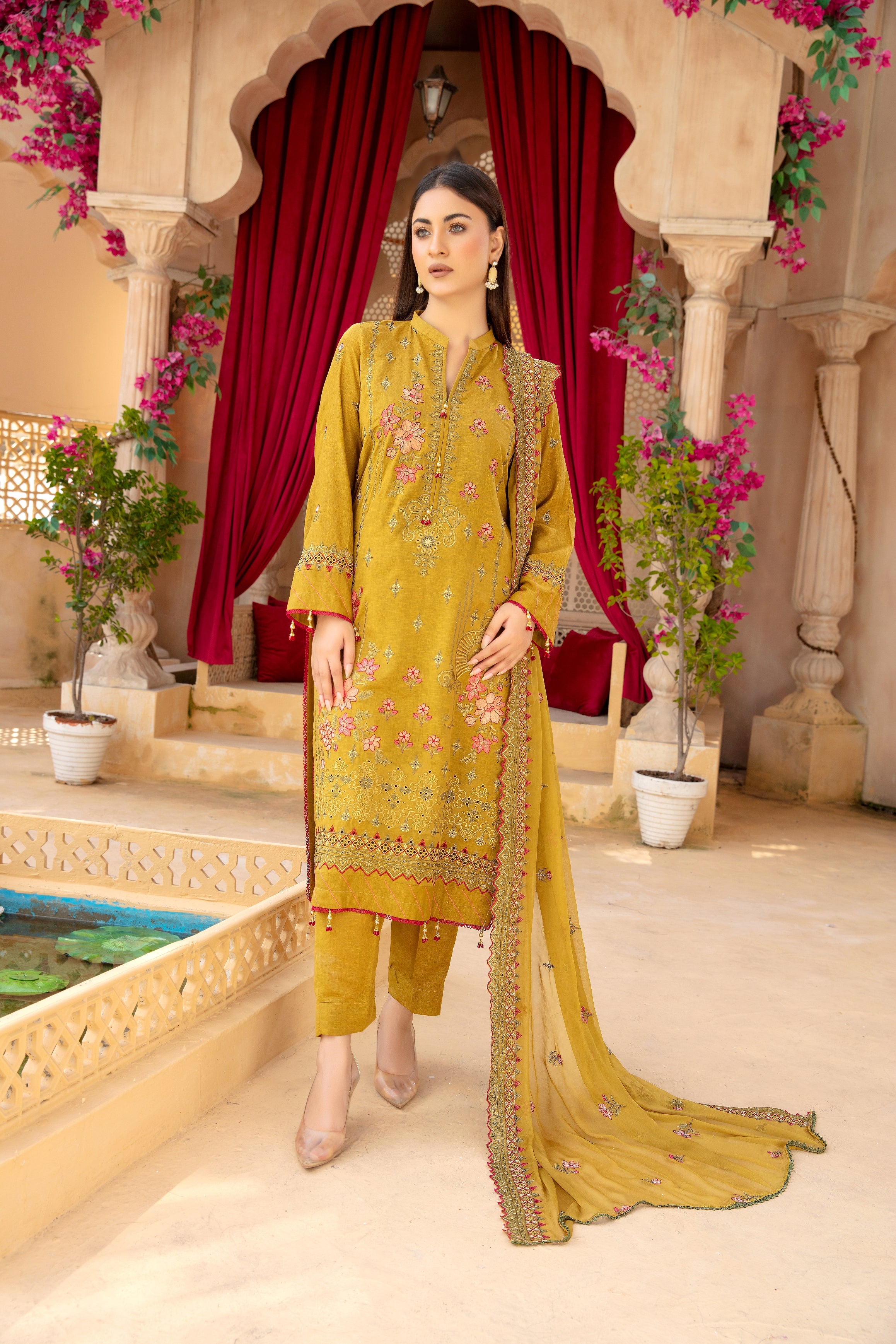 3-Pcs Luxury Embroidery Karandi Suits with Embroidery Cut Work Bamber  Dupatta by FizaMinahil