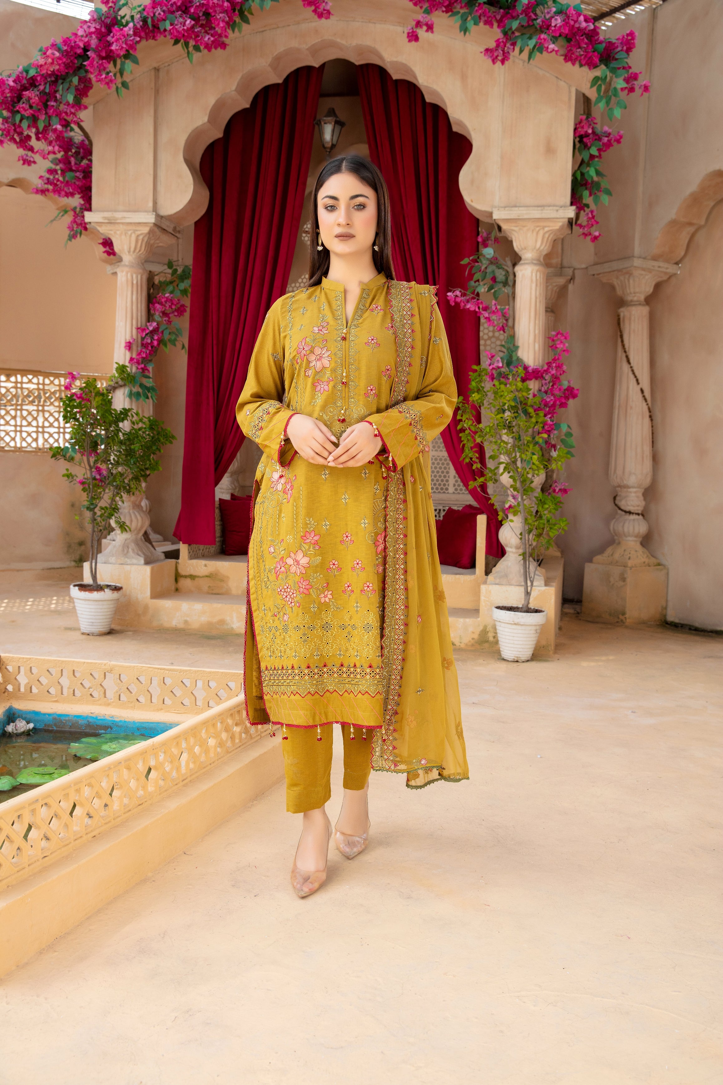 3-Pcs Luxury Embroidery Karandi Suits with Embroidery Cut Work Bamber  Dupatta by FizaMinahil