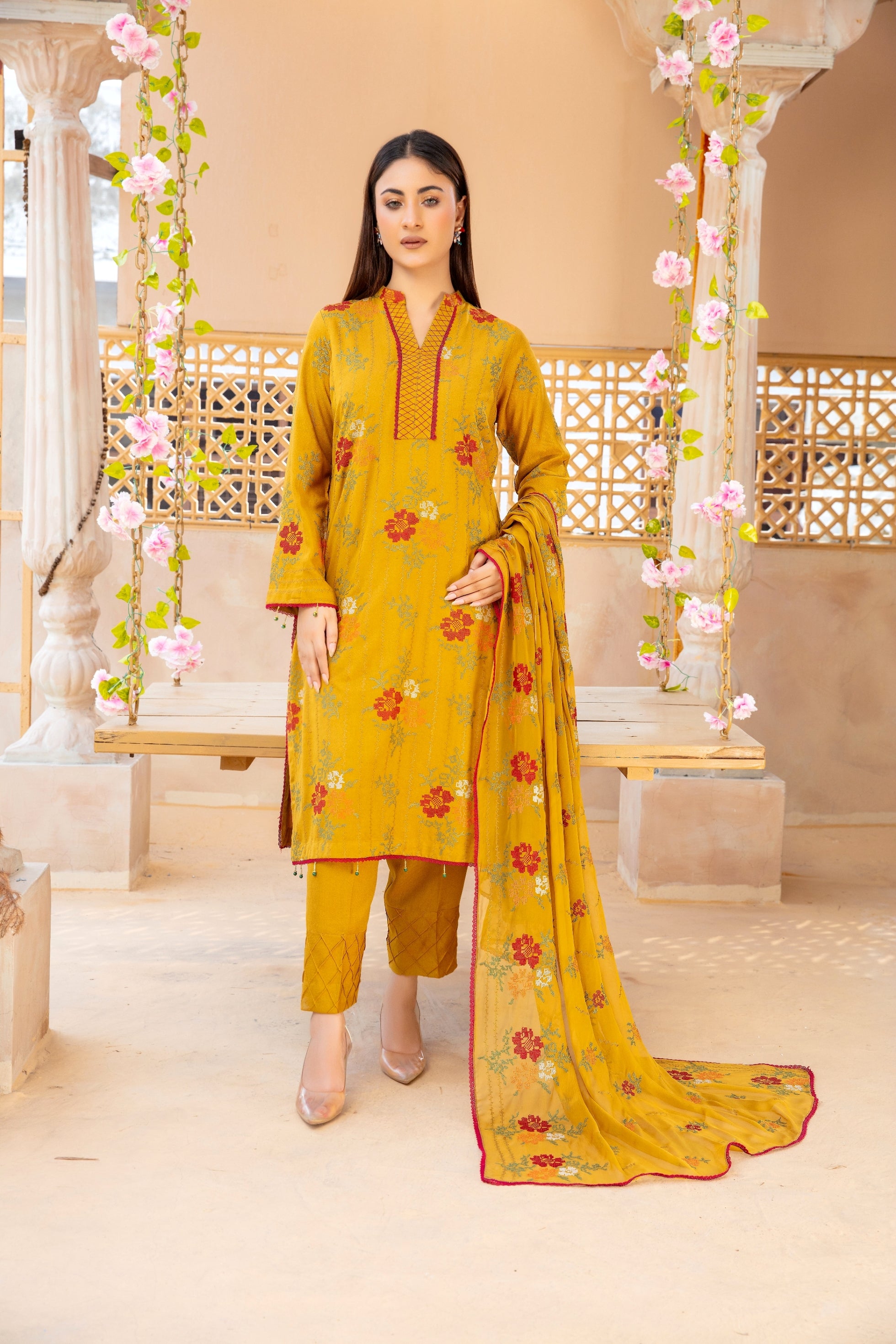 3-Pcs Luxury Embroidery Karandi Suits with Embroidery Cut Work Bamber  Dupatta by FizaMinahil