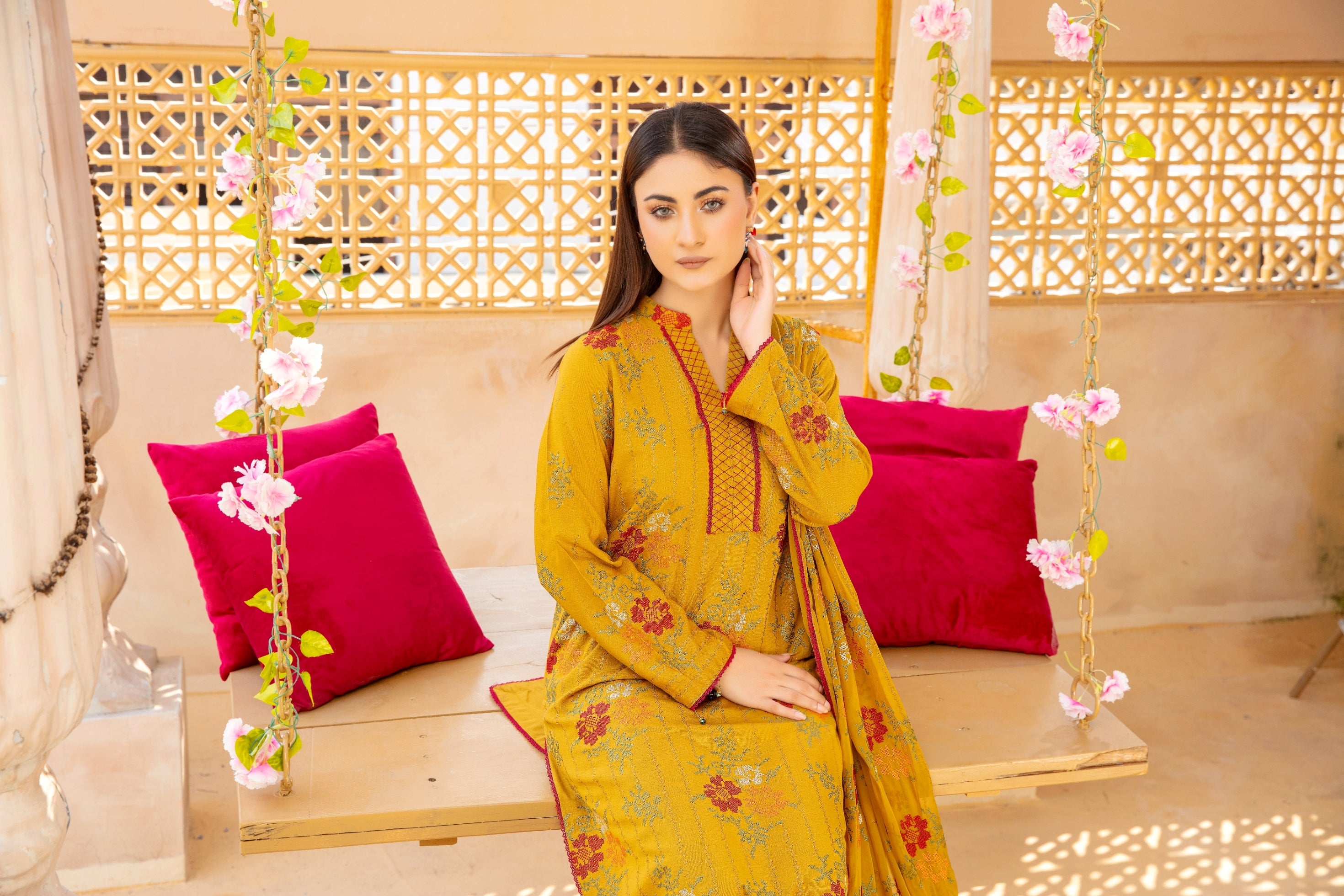 3-Pcs Luxury Embroidery Karandi Suits with Embroidery Cut Work Bamber  Dupatta by FizaMinahil