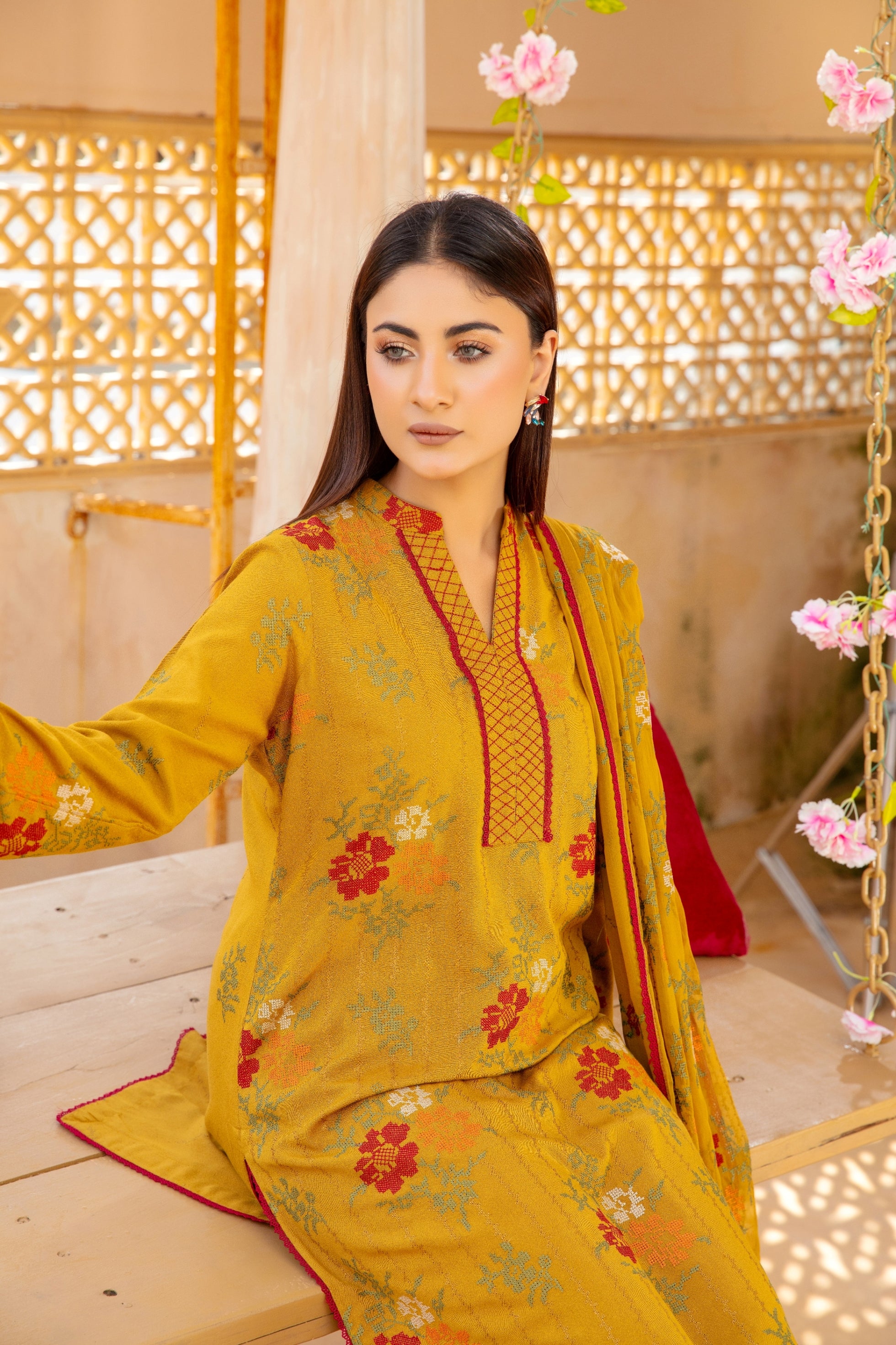 3-Pcs Luxury Embroidery Karandi Suits with Embroidery Cut Work Bamber  Dupatta by FizaMinahil