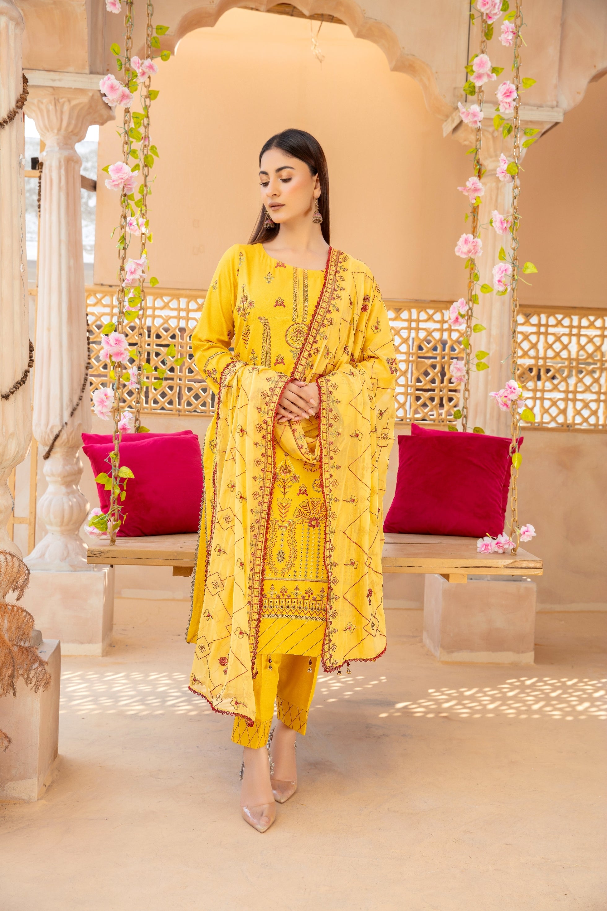 3-Pcs Luxury Embroidery Karandi Suits with Embroidery Cut Work Bamber  Dupatta by FizaMinahil