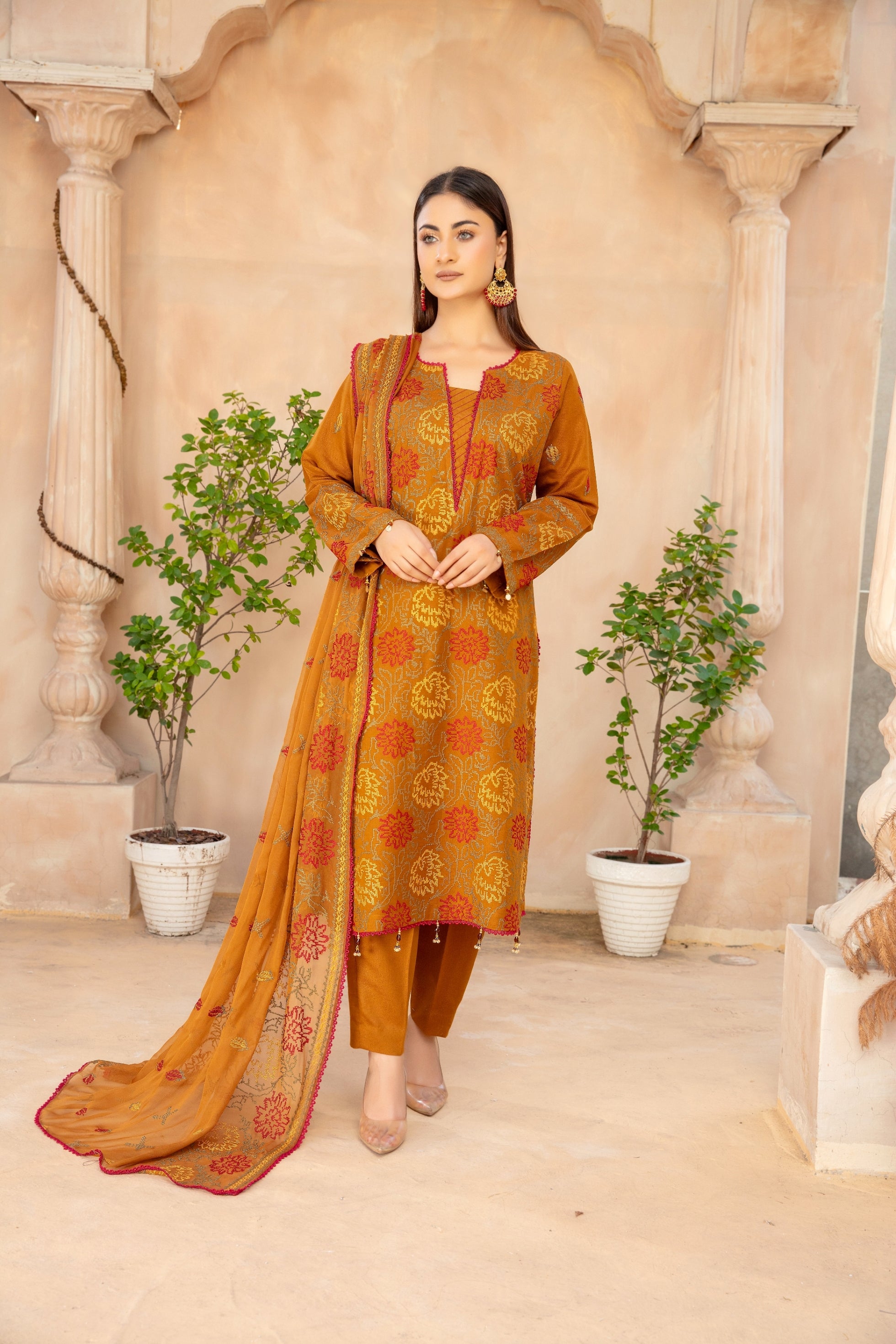 3-Pcs Luxury Embroidery Karandi Suits with Embroidery Cut Work Bamber  Dupatta by FizaMinahil