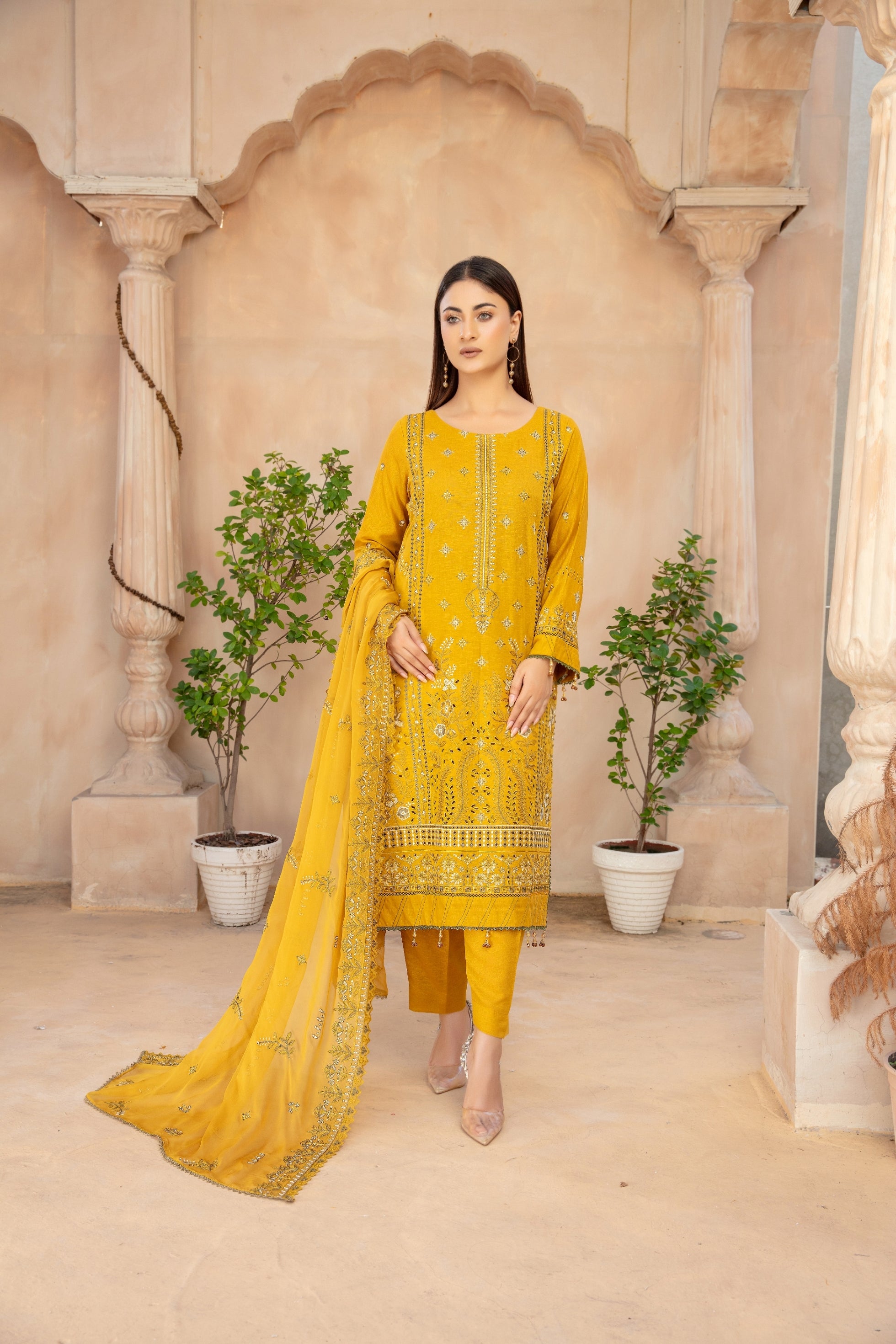 3-Pcs Luxury Embroidery Karandi Suits with Embroidery Cut Work Bamber  Dupatta by FizaMinahil