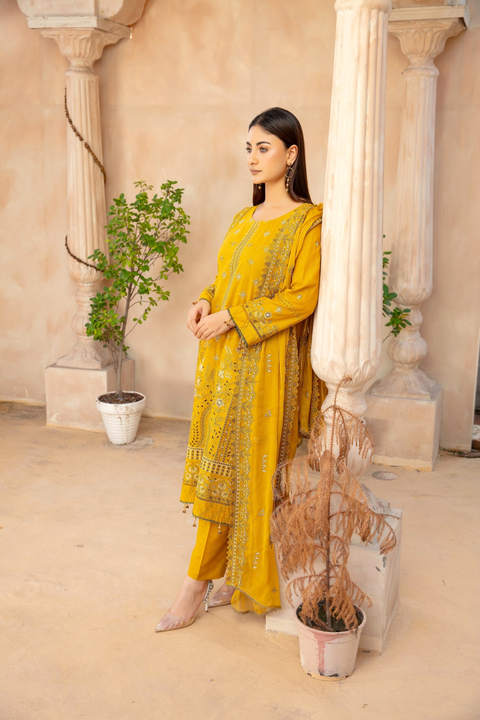 3-Pcs Luxury Embroidery Karandi Suits with Embroidery Cut Work Bamber  Dupatta by FizaMinahil