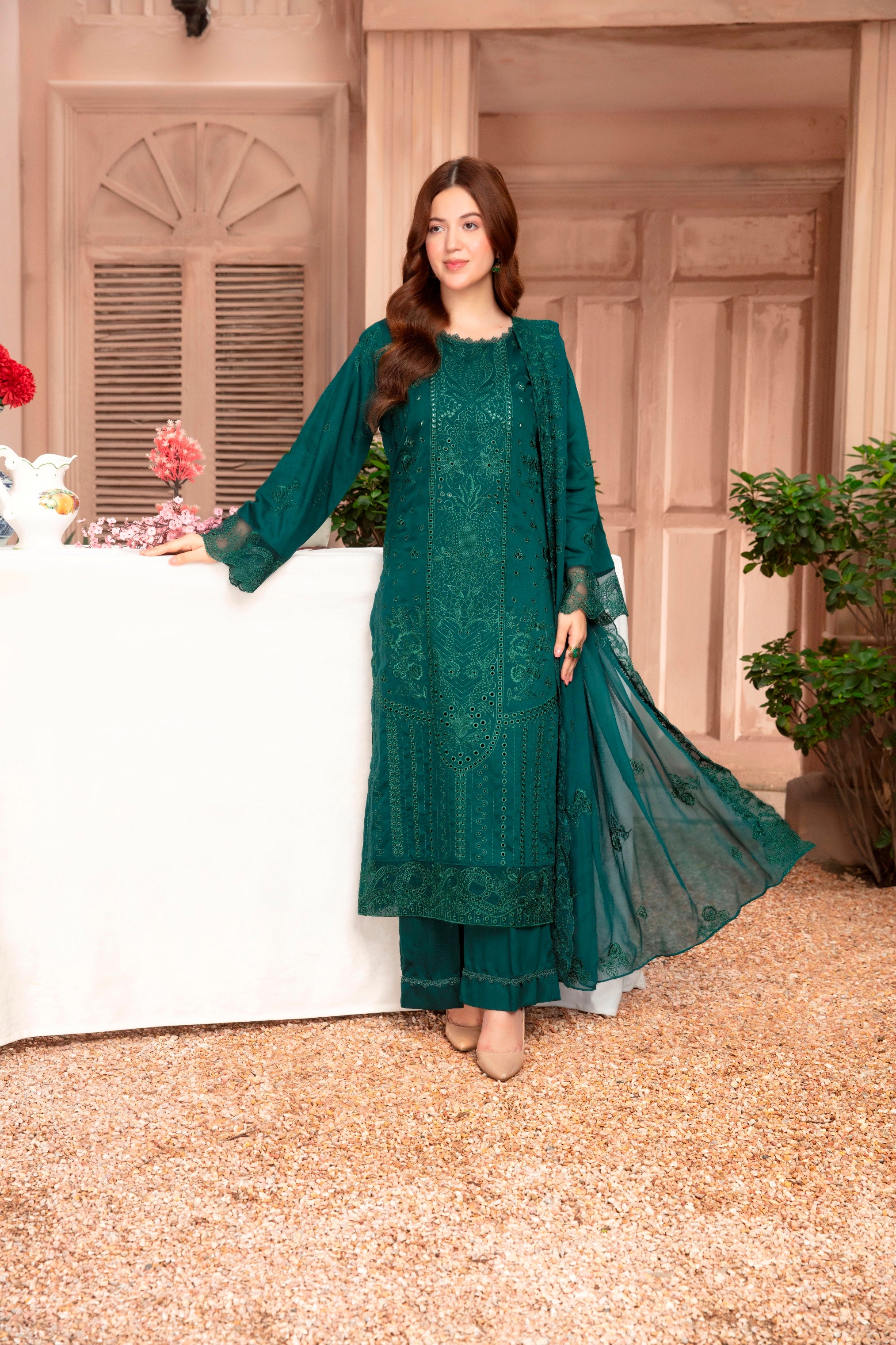 3-Pcs Luxury Embroidery Viscose Suit with Heavy Embroidery  Shirt Bamber Embroidery  Dupatta by FizaMinahil (SN/1268)