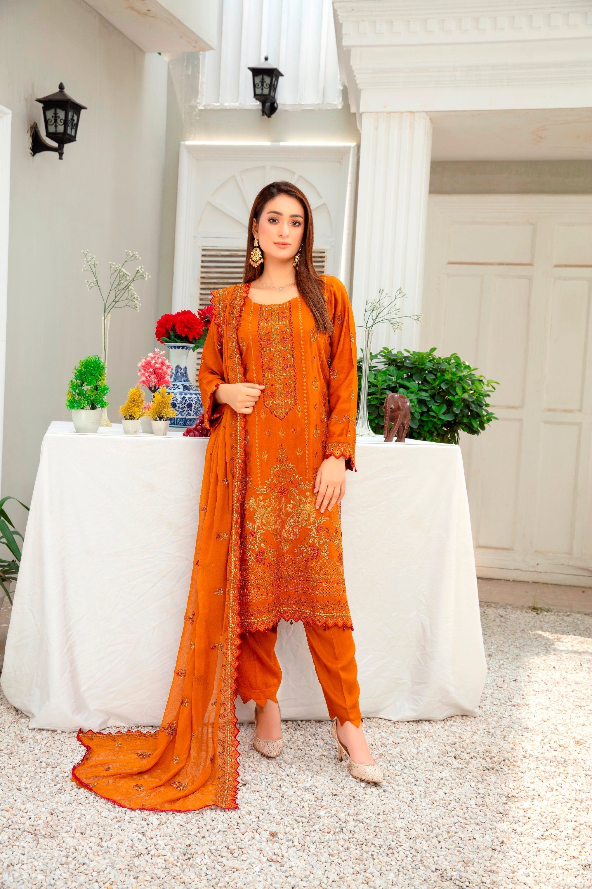 3-Pcs Luxury Embroidery Viscose Suit with Embroidery Cut Work Bamber Chiffon Dupatta by FizaMinahil