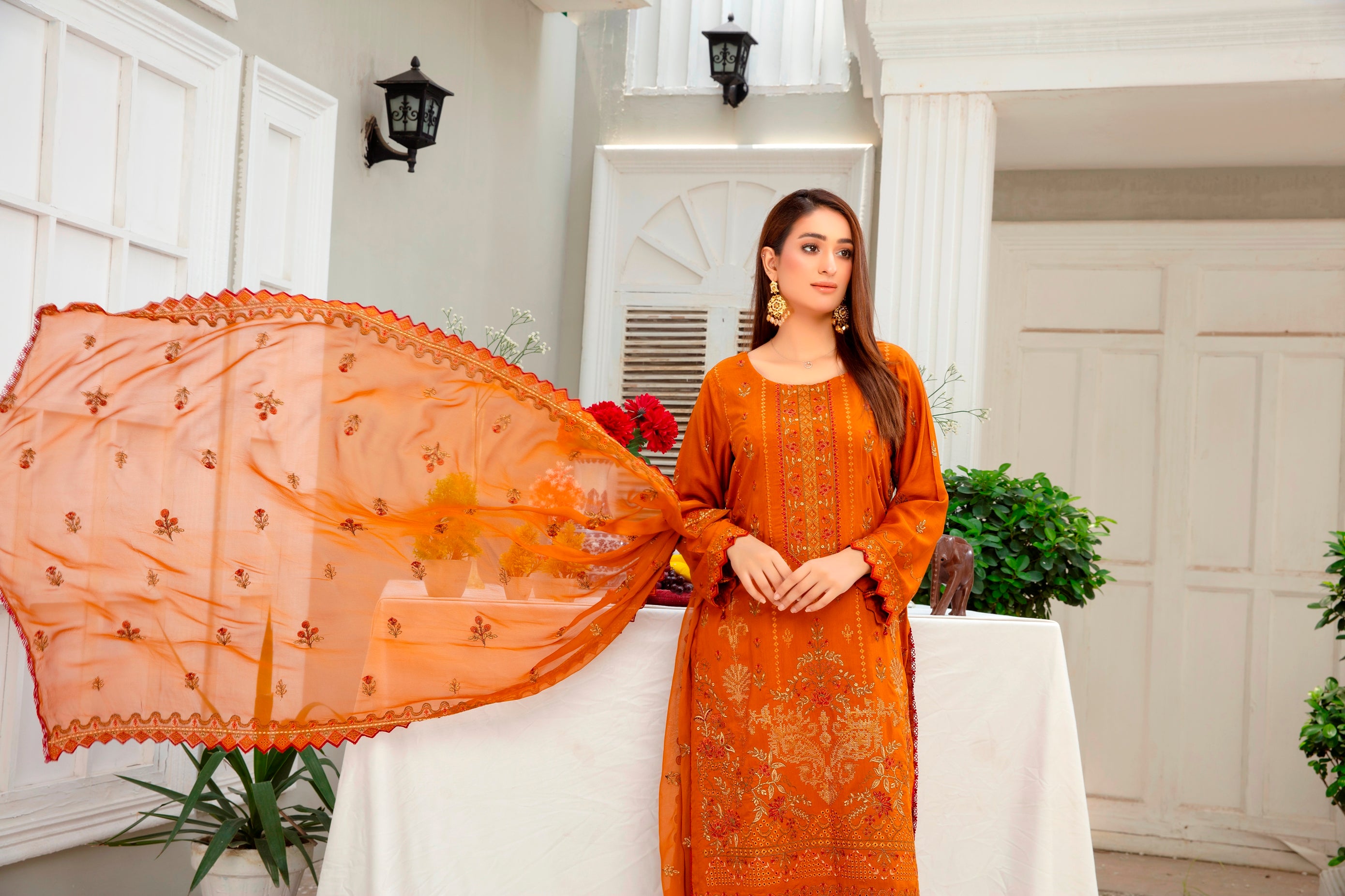 3-Pcs Luxury Embroidery Viscose Suit with Embroidery Cut Work Bamber Chiffon Dupatta by FizaMinahil