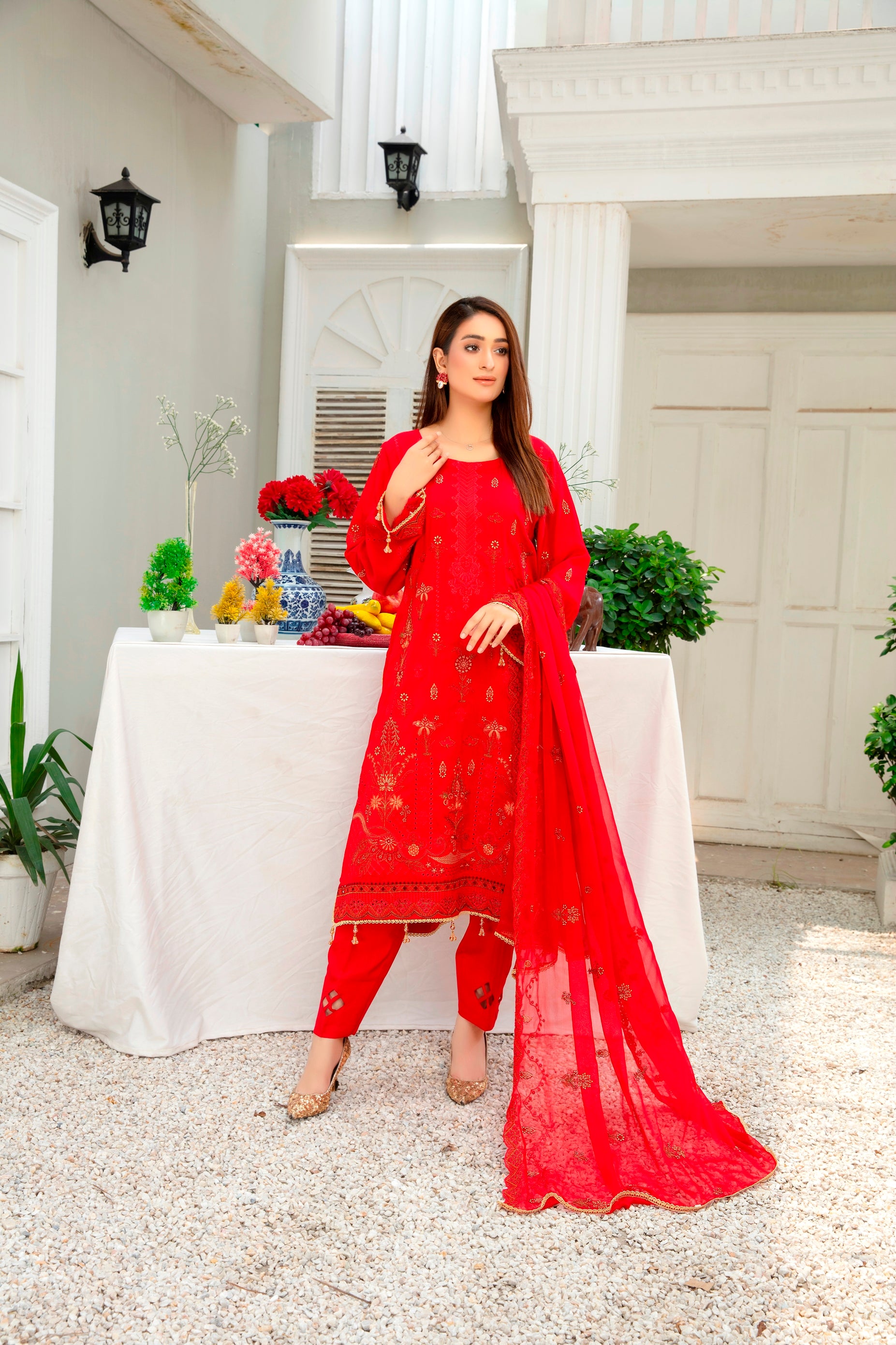 3-Pcs Luxury Embroidery Viscose Suit with Embroidery Cut Work Bamber Chiffon Dupatta by FizaMinahil