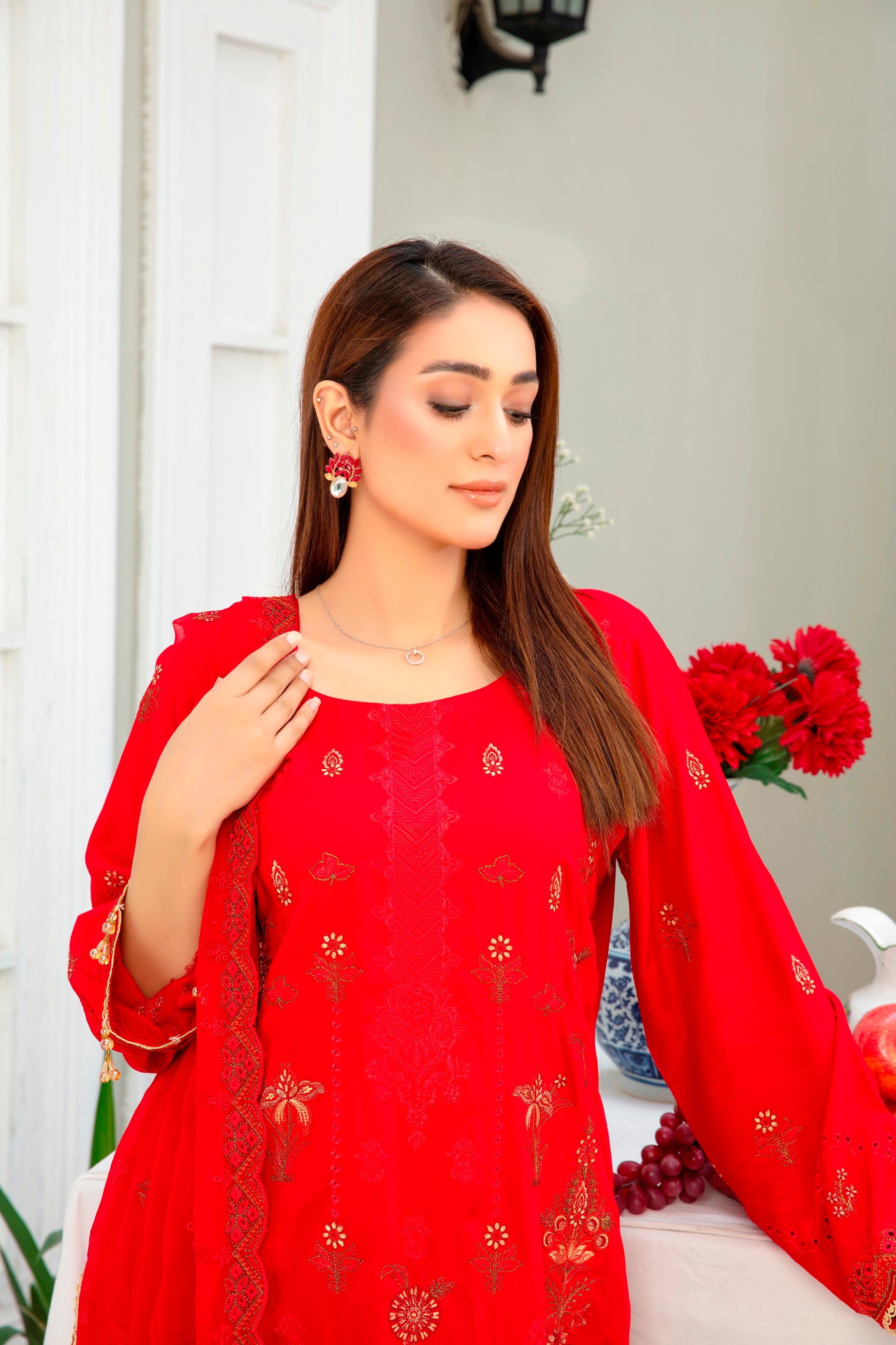 3-Pcs Luxury Embroidery Viscose Suit with Embroidery Cut Work Bamber Chiffon Dupatta by FizaMinahil