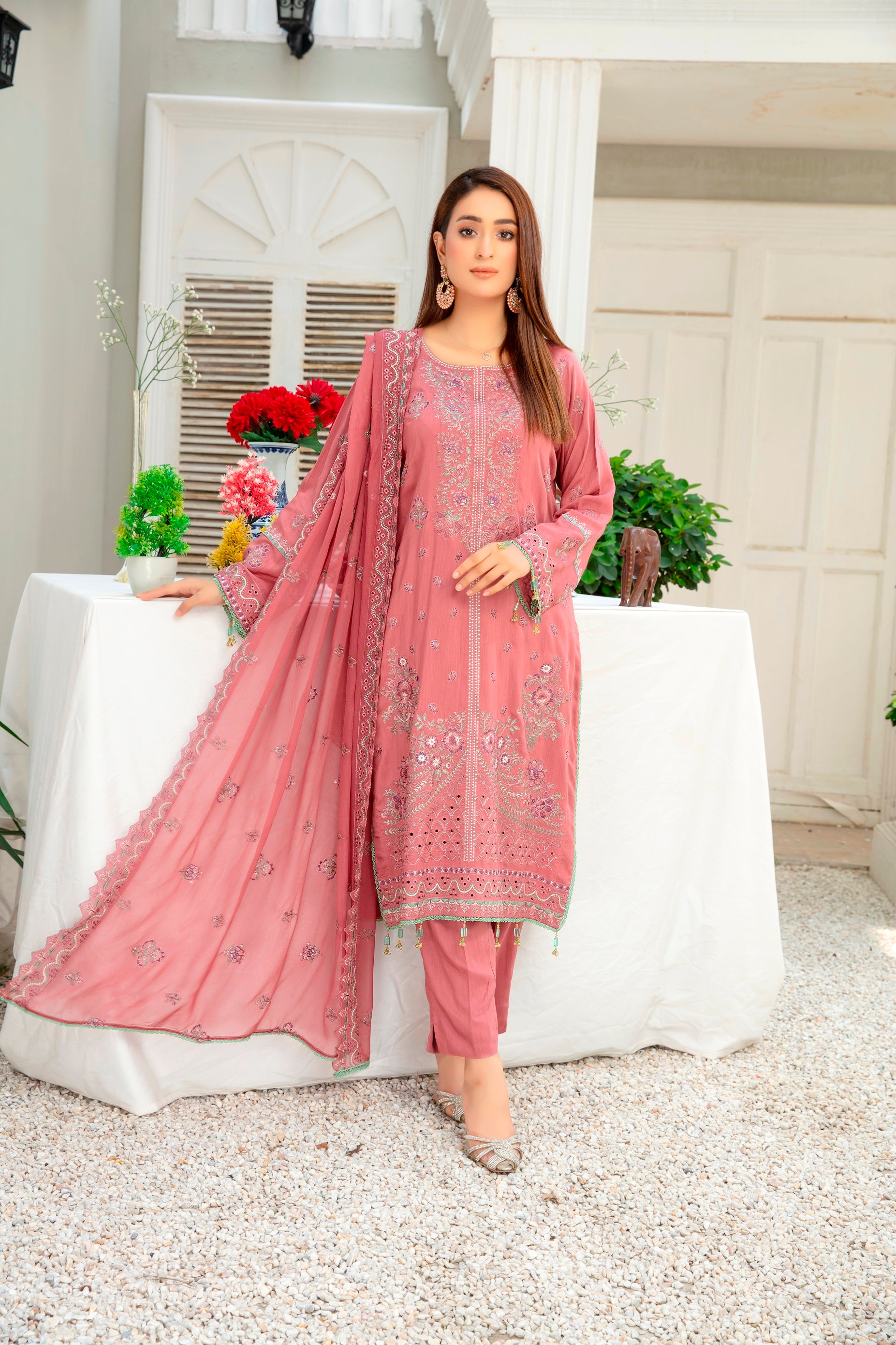 3-Pcs Luxury Embroidery Viscose Suit with Embroidery Cut Work Bamber Chiffon Dupatta by FizaMinahil