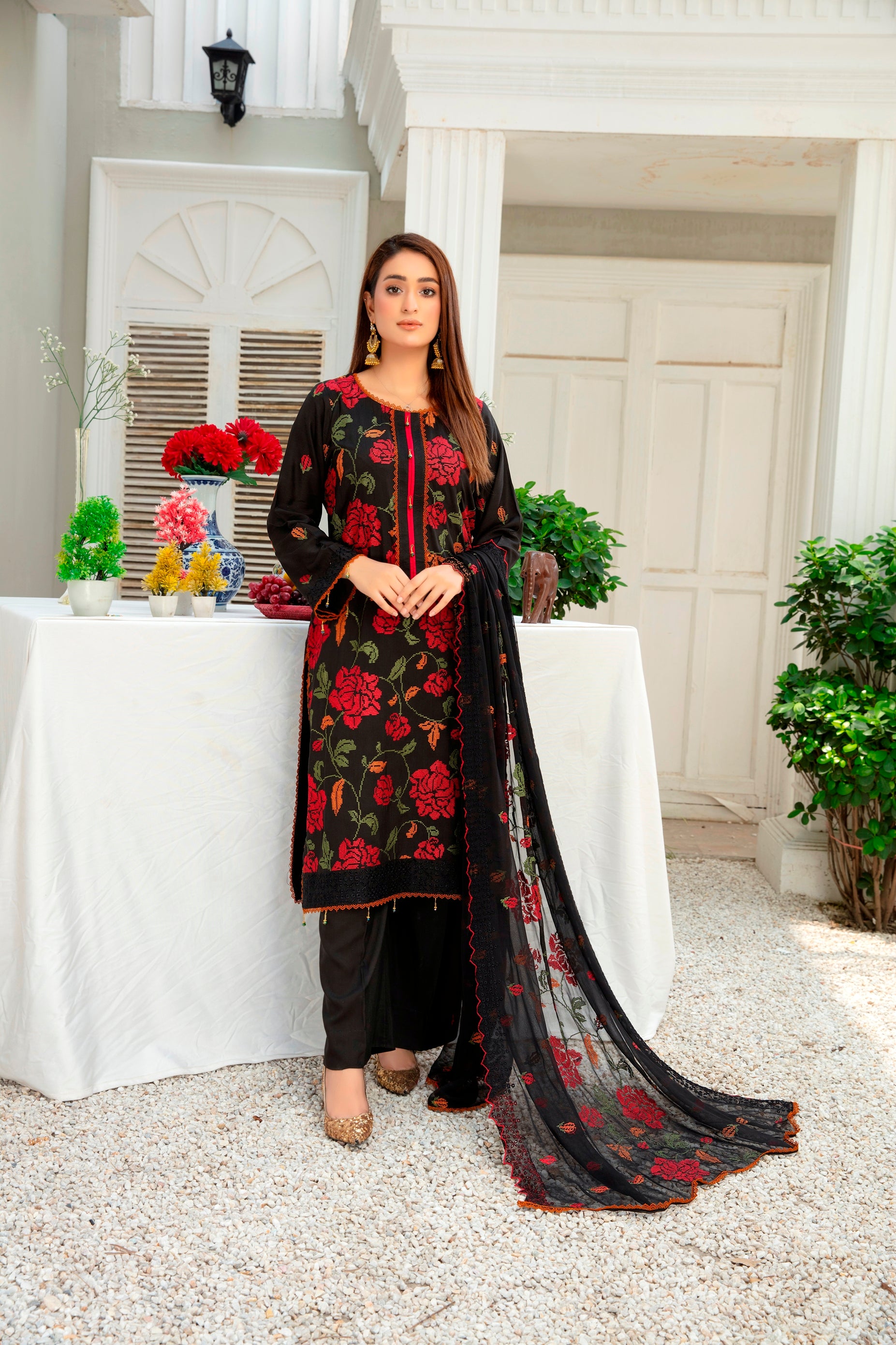 3-Pcs Luxury Embroidery Viscose Suit with Embroidery Cut Work Bamber Chiffon Dupatta by FizaMinahil