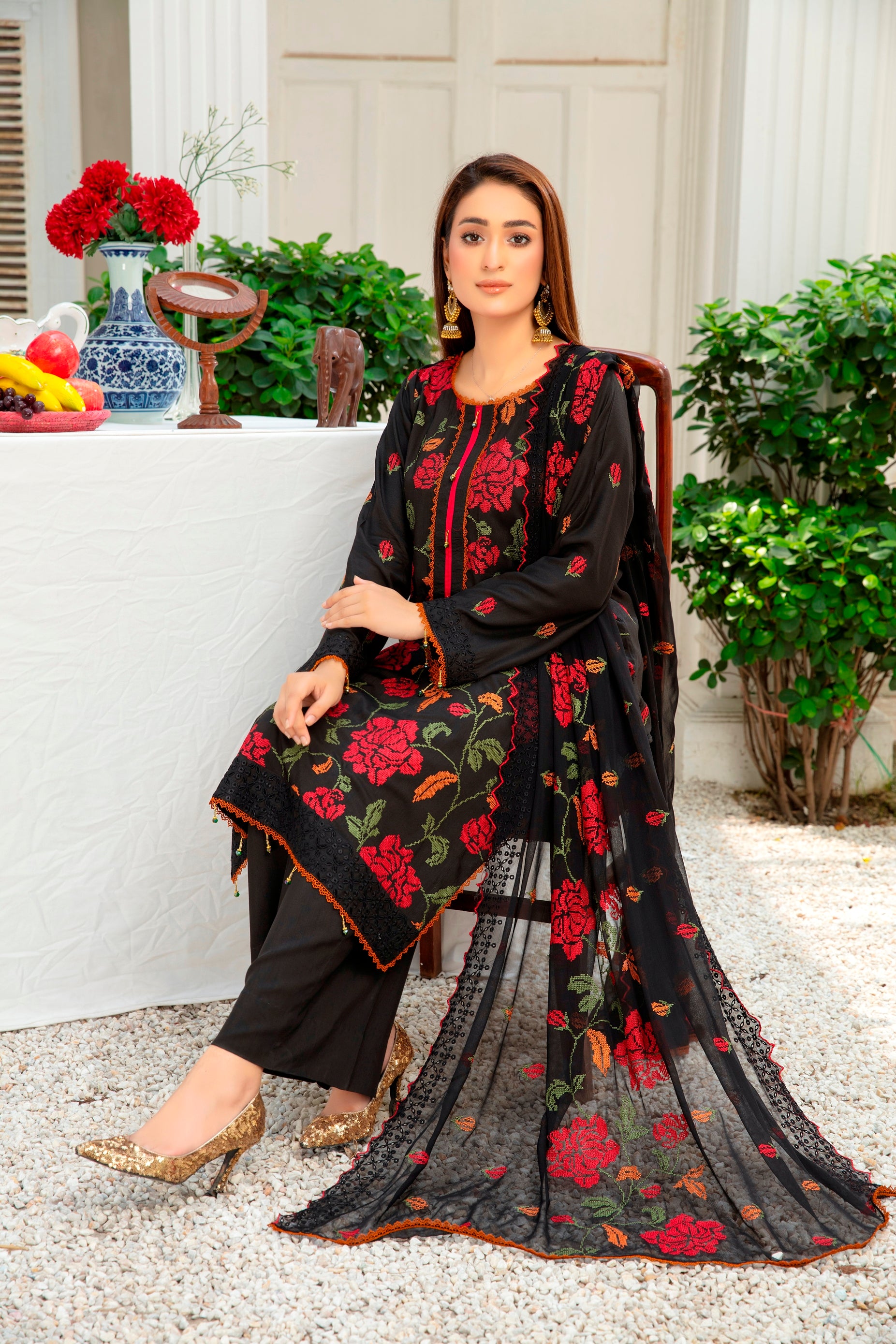 3-Pcs Luxury Embroidery Viscose Suit with Embroidery Cut Work Bamber Chiffon Dupatta by FizaMinahil