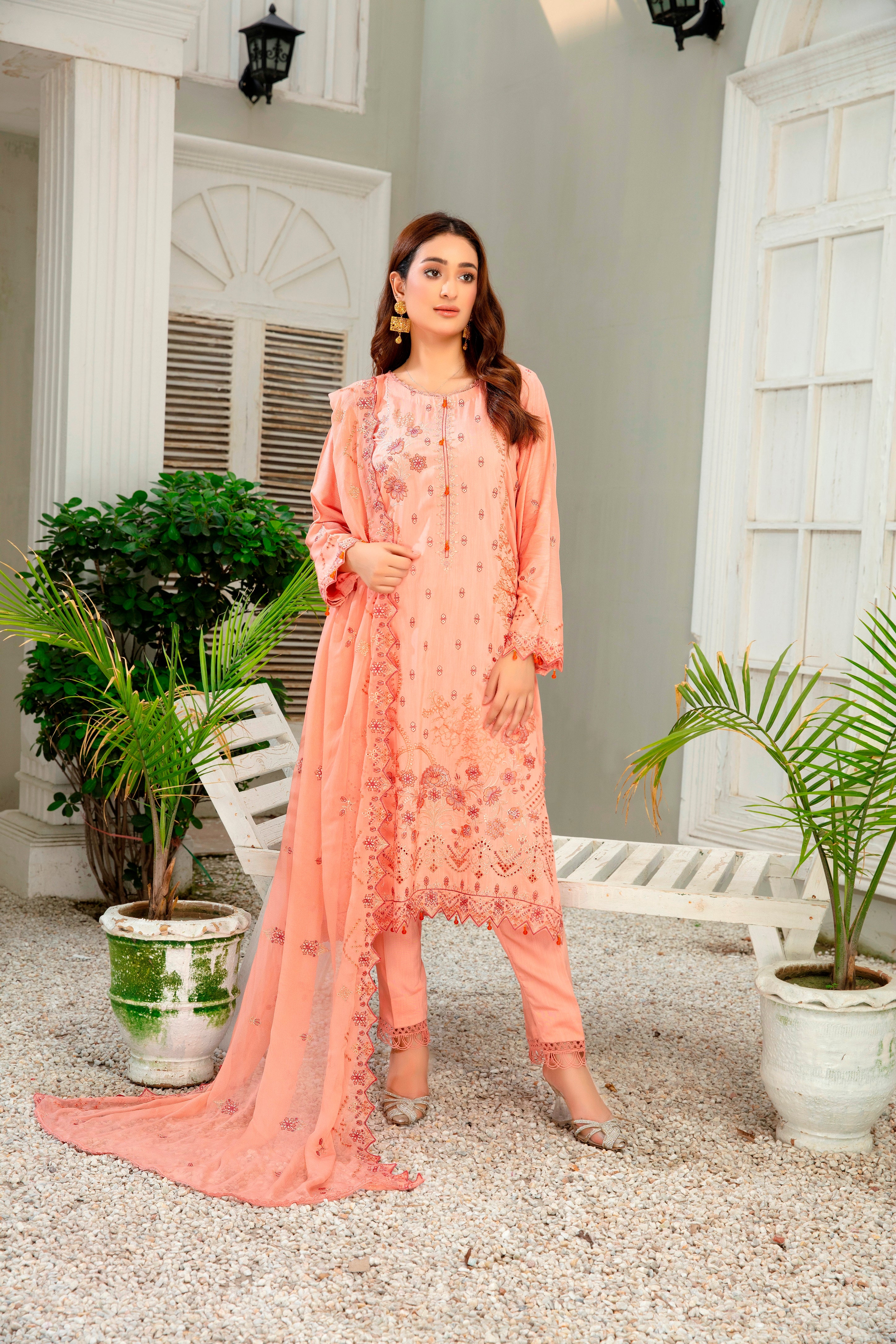 3-Pcs Luxury Embroidery Viscose Suit with Embroidery Cut Work Bamber Chiffon Dupatta by FizaMinahil