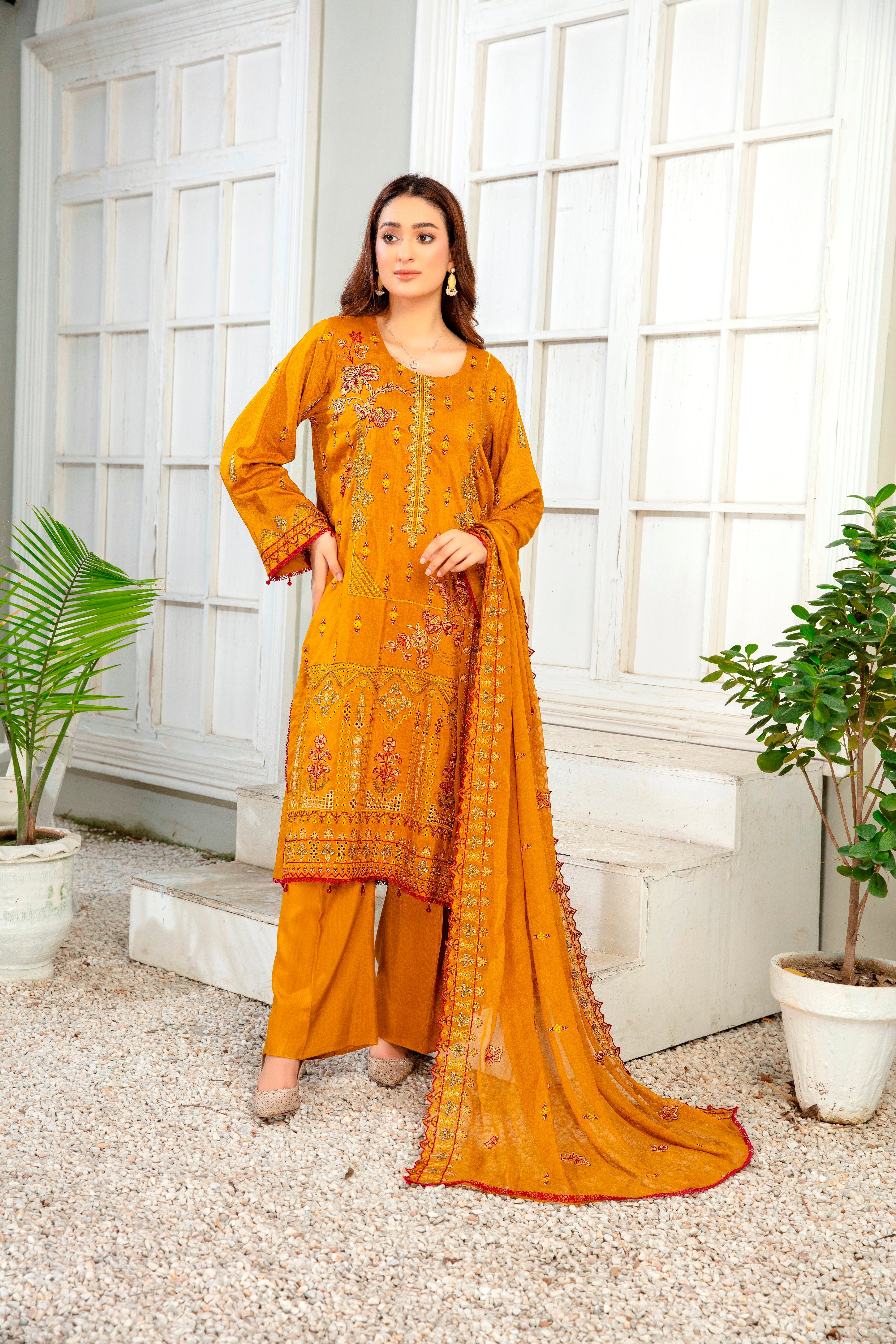 3-Pcs Luxury Embroidery Viscose Suit with Embroidery Cut Work Bamber Chiffon Dupatta by FizaMinahil