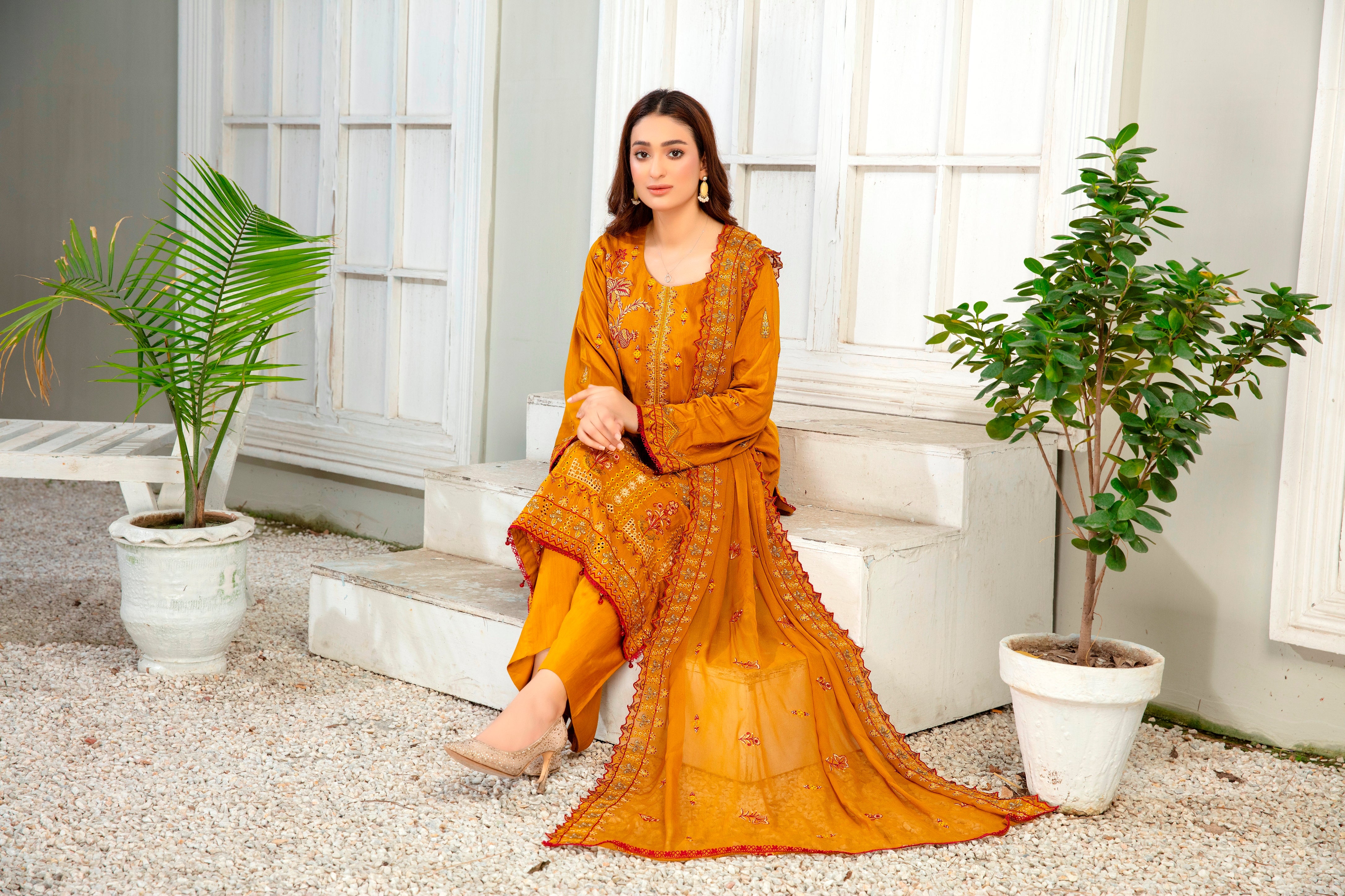 3-Pcs Luxury Embroidery Viscose Suit with Embroidery Cut Work Bamber Chiffon Dupatta by FizaMinahil