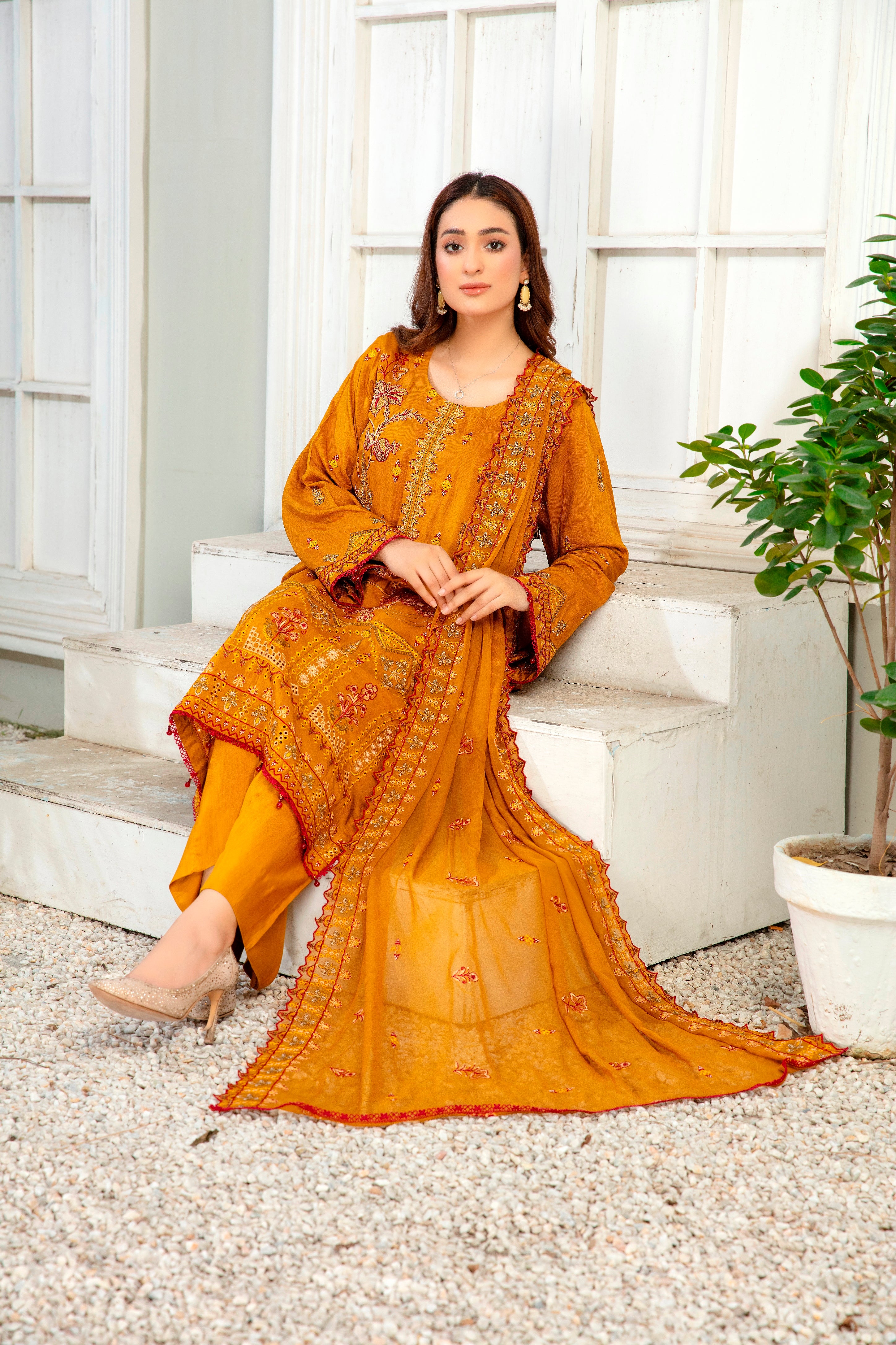 3-Pcs Luxury Embroidery Viscose Suit with Embroidery Cut Work Bamber Chiffon Dupatta by FizaMinahil