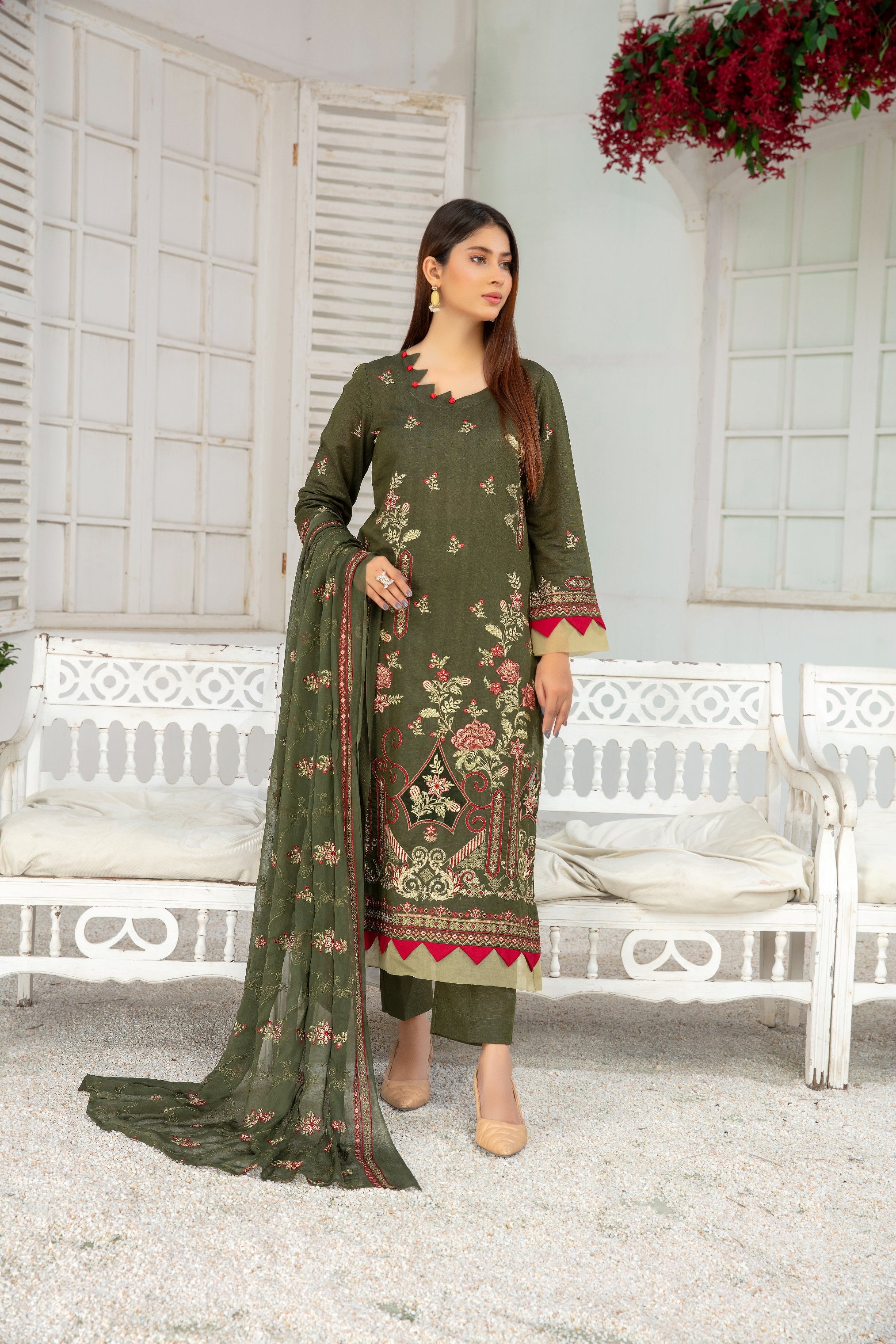 3-Pcs Luxury Embroidery Karandi Suits with Embroidery Cut Work Bamber  Dupatta by FizaMinahil