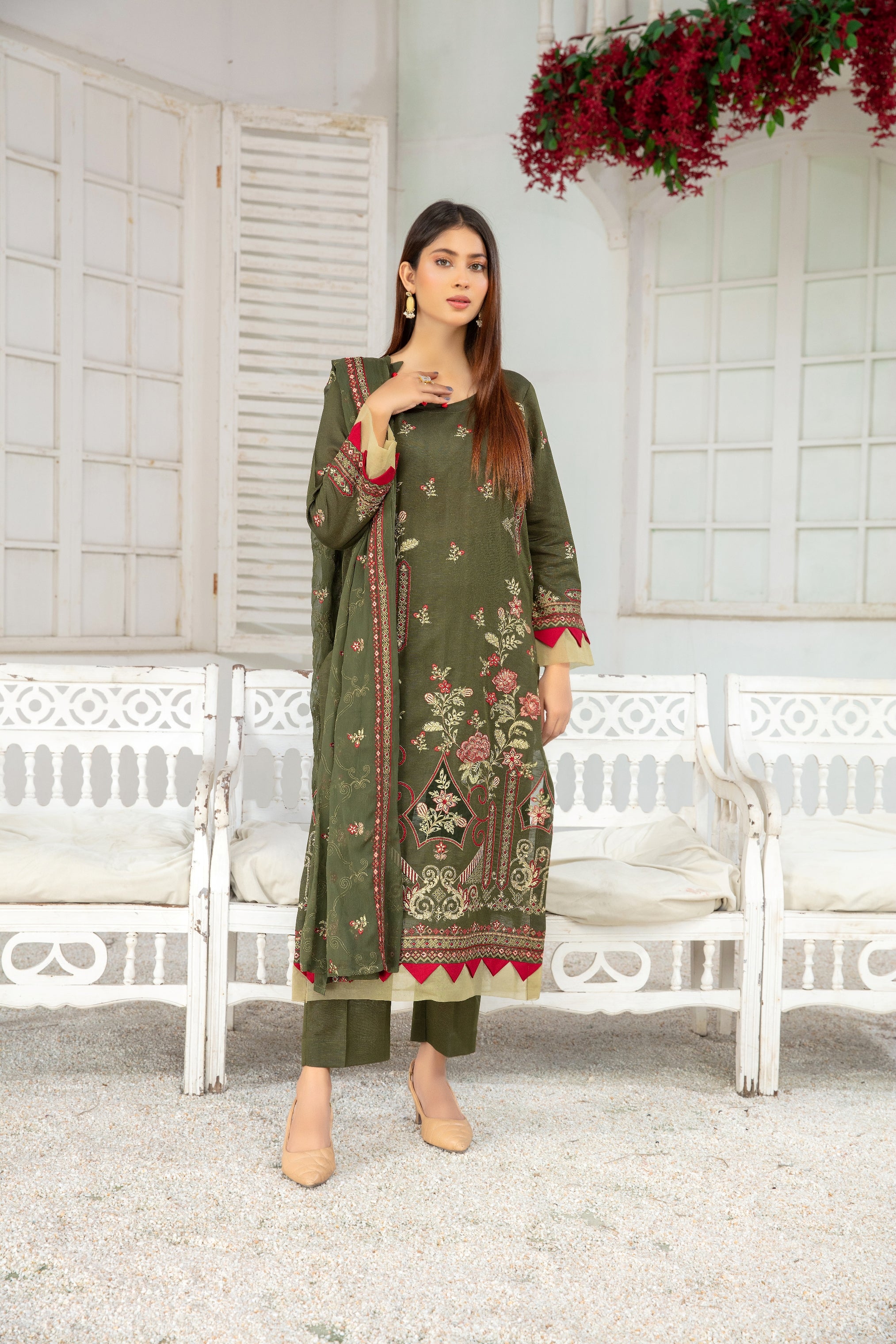 3-Pcs Luxury Embroidery Karandi Suits with Embroidery Cut Work Bamber  Dupatta by FizaMinahil