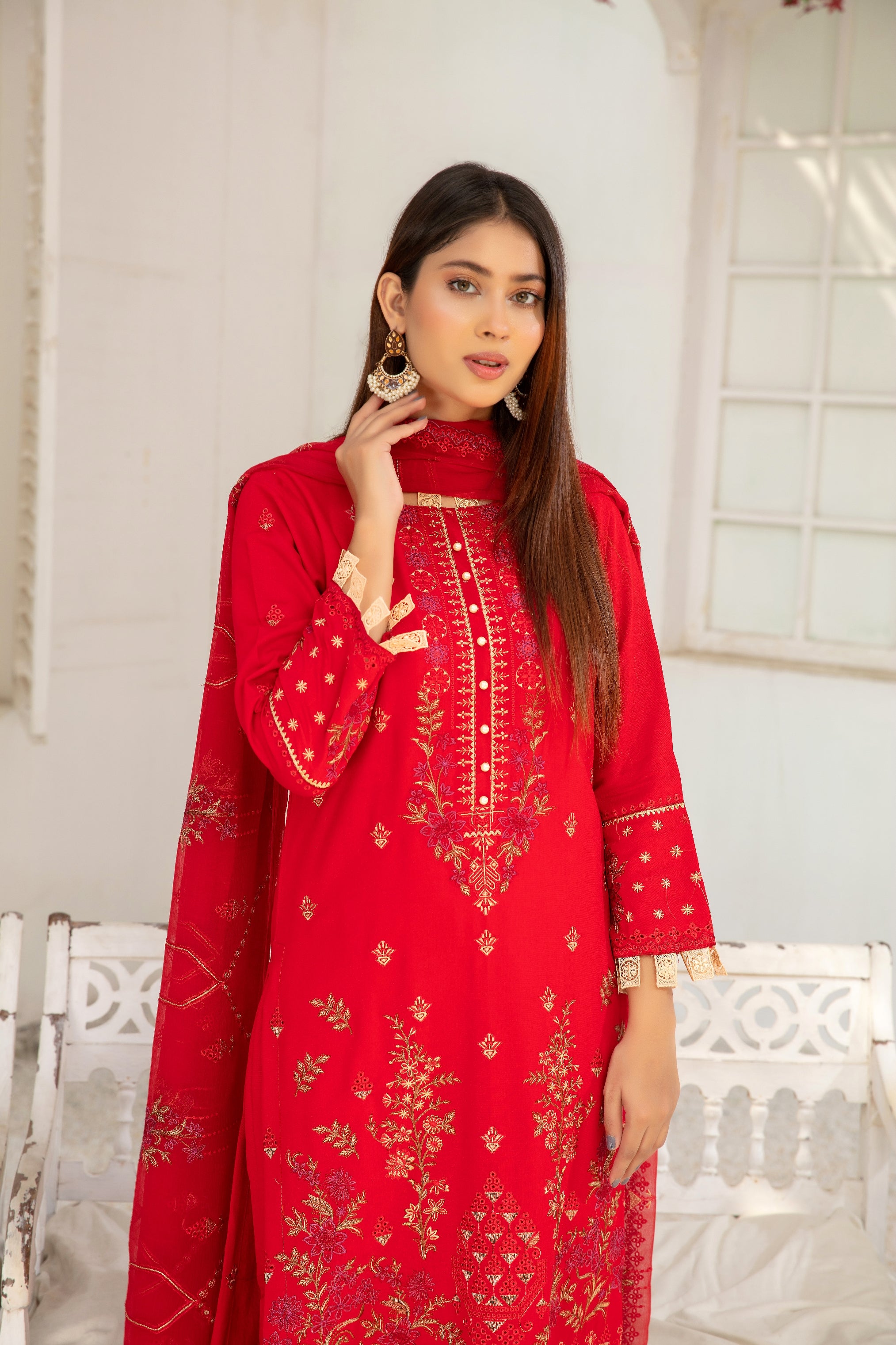 3-Pcs Luxury Embroidery Karandi Suits with Embroidery Cut Work Bamber  Dupatta by FizaMinahil