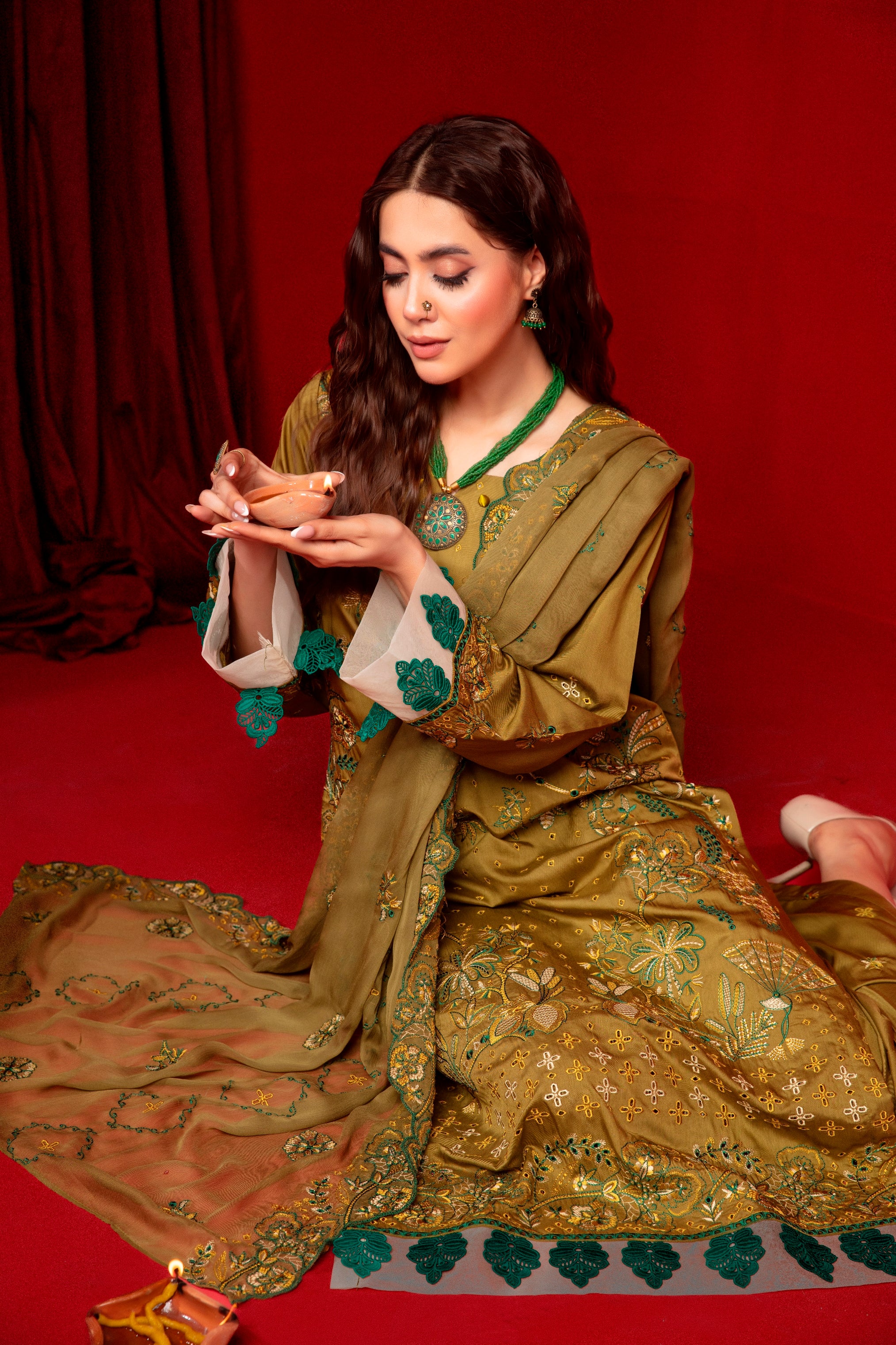 3-Pcs Luxury Embroidery Viscose Suit with Heavy Embroidery  Shirt Bamber Embroidery  Dupatta by Fiza Minahil (SN/128)