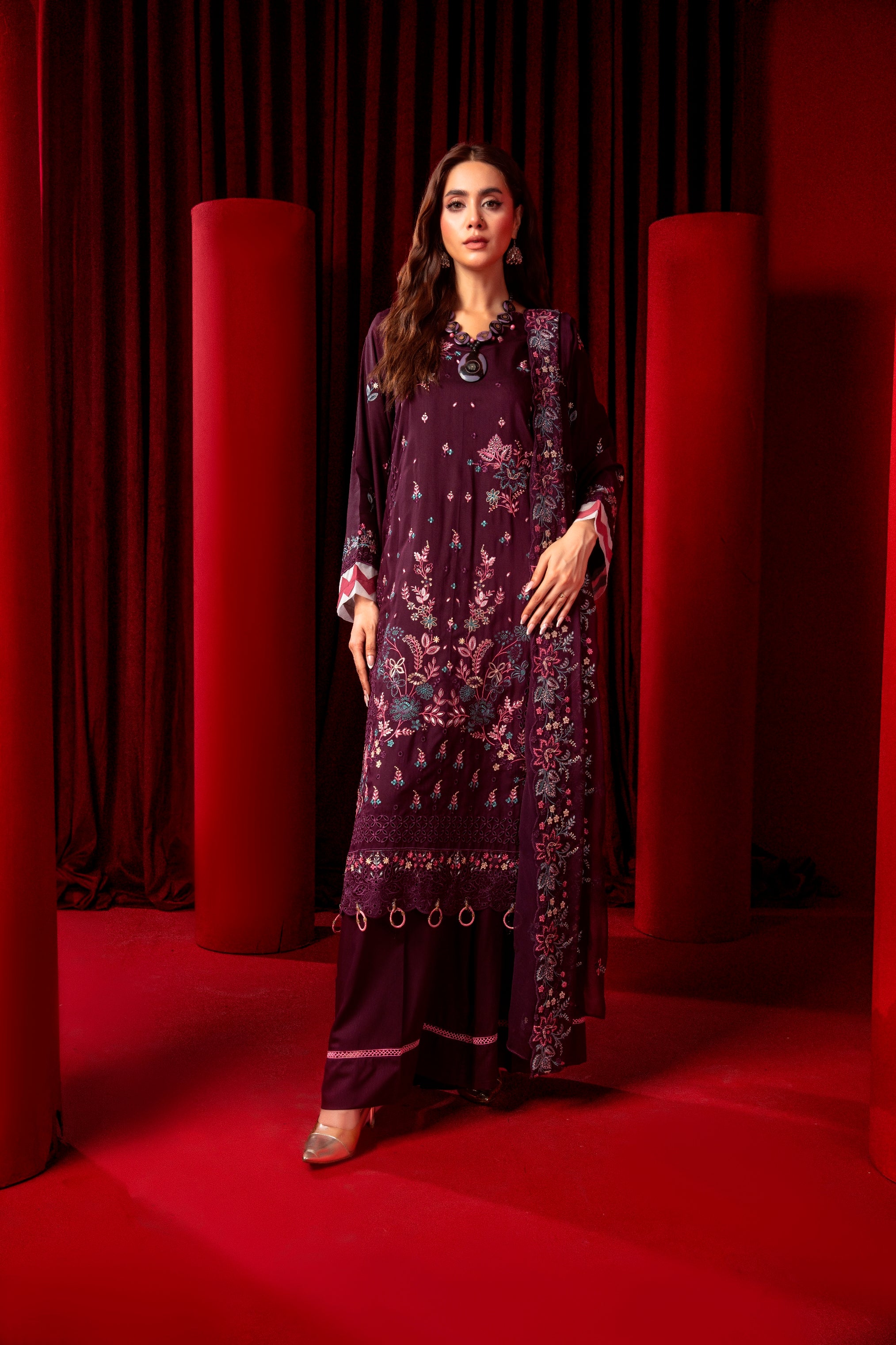3-Pcs Luxury Embroidery Viscose Suit with Heavy Embroidery  Shirt Bamber Embroidery  Dupatta by Fiza Minahil (SN/1287)