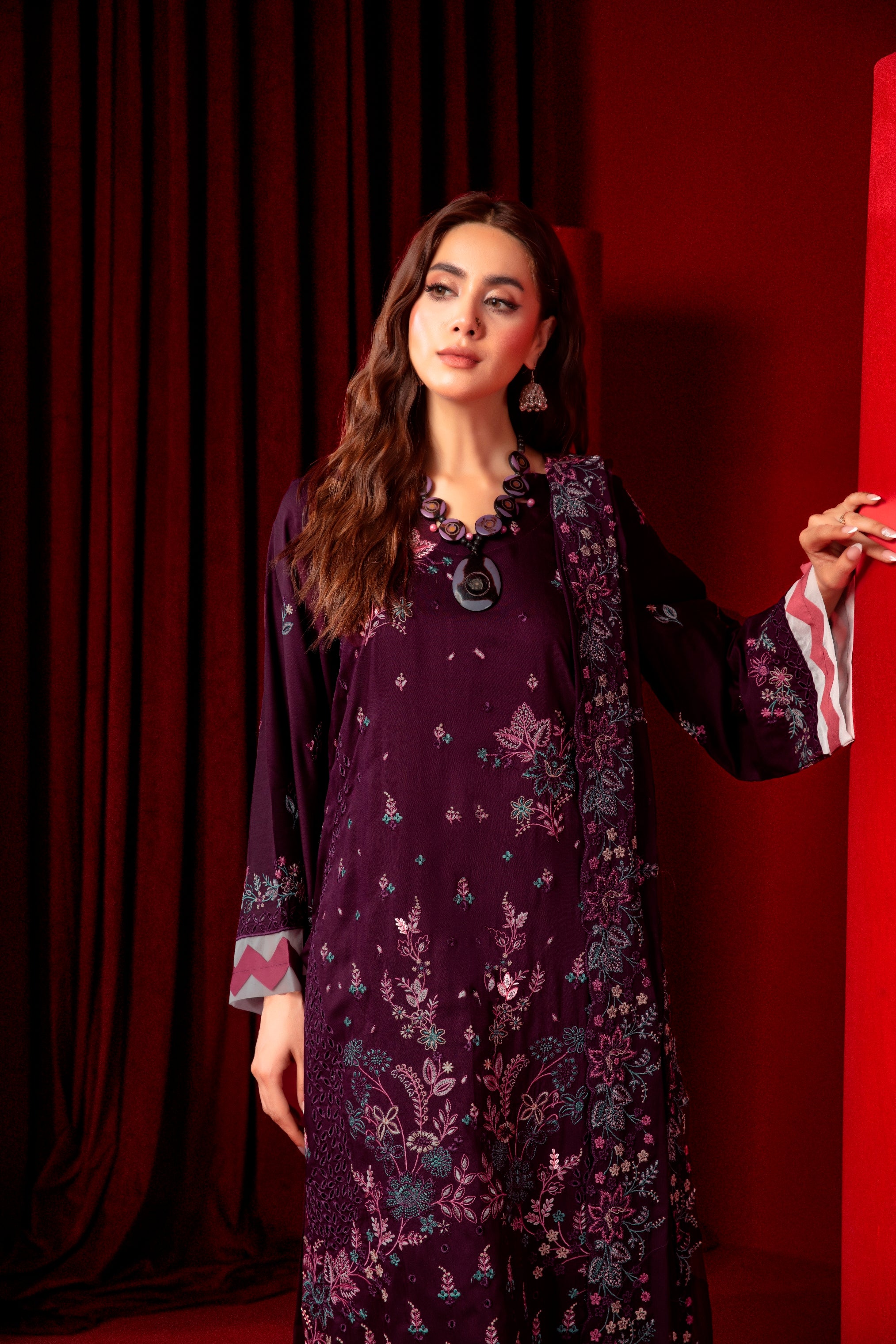 3-Pcs Luxury Embroidery Viscose Suit with Heavy Embroidery  Shirt Bamber Embroidery  Dupatta by Fiza Minahil (SN/1287)