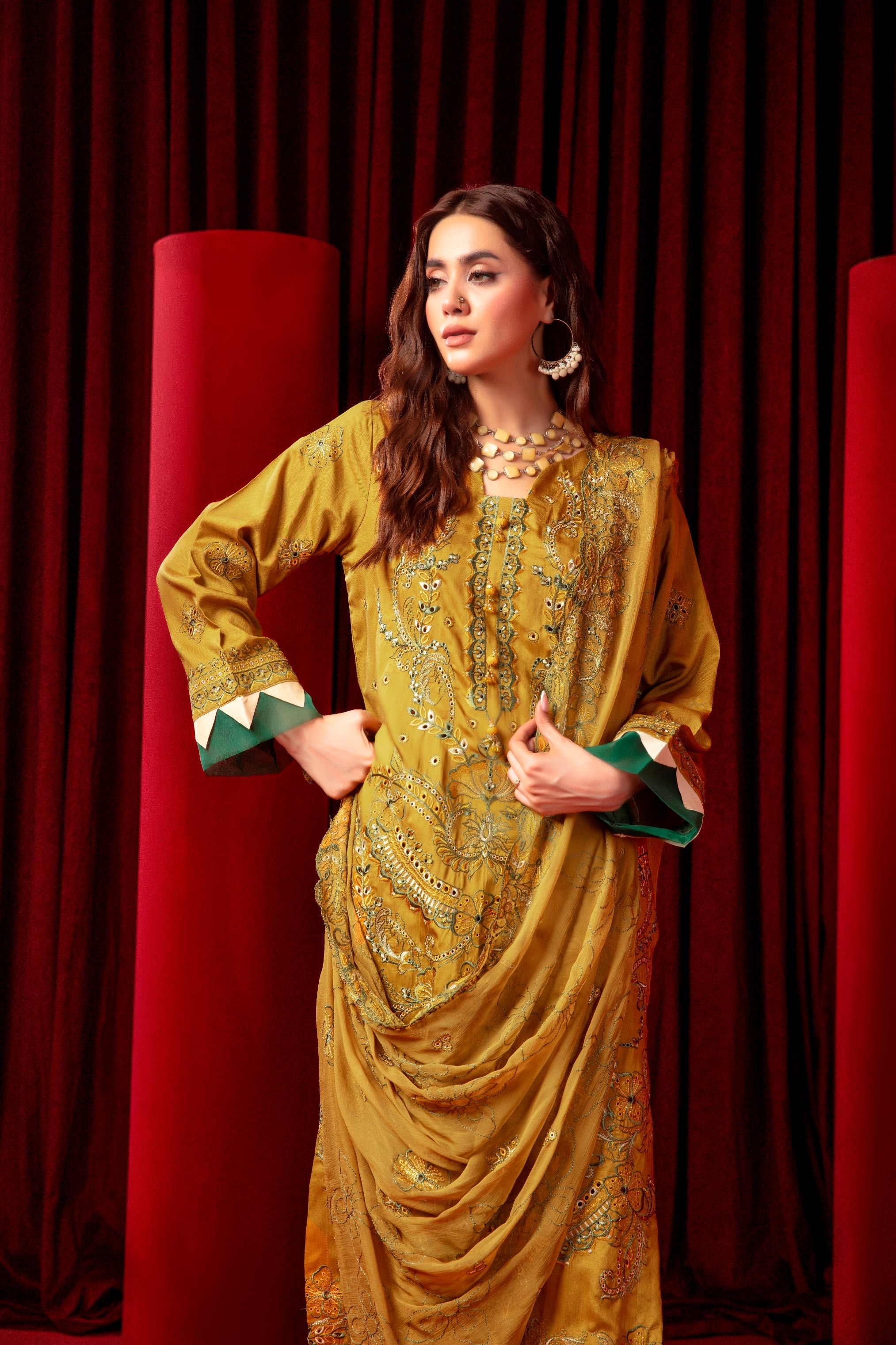 3-Pcs Luxury Embroidery Viscose Suit with Heavy Embroidery  Shirt Bamber Embroidery  Dupatta by Fiza Minahil (SN/1280)