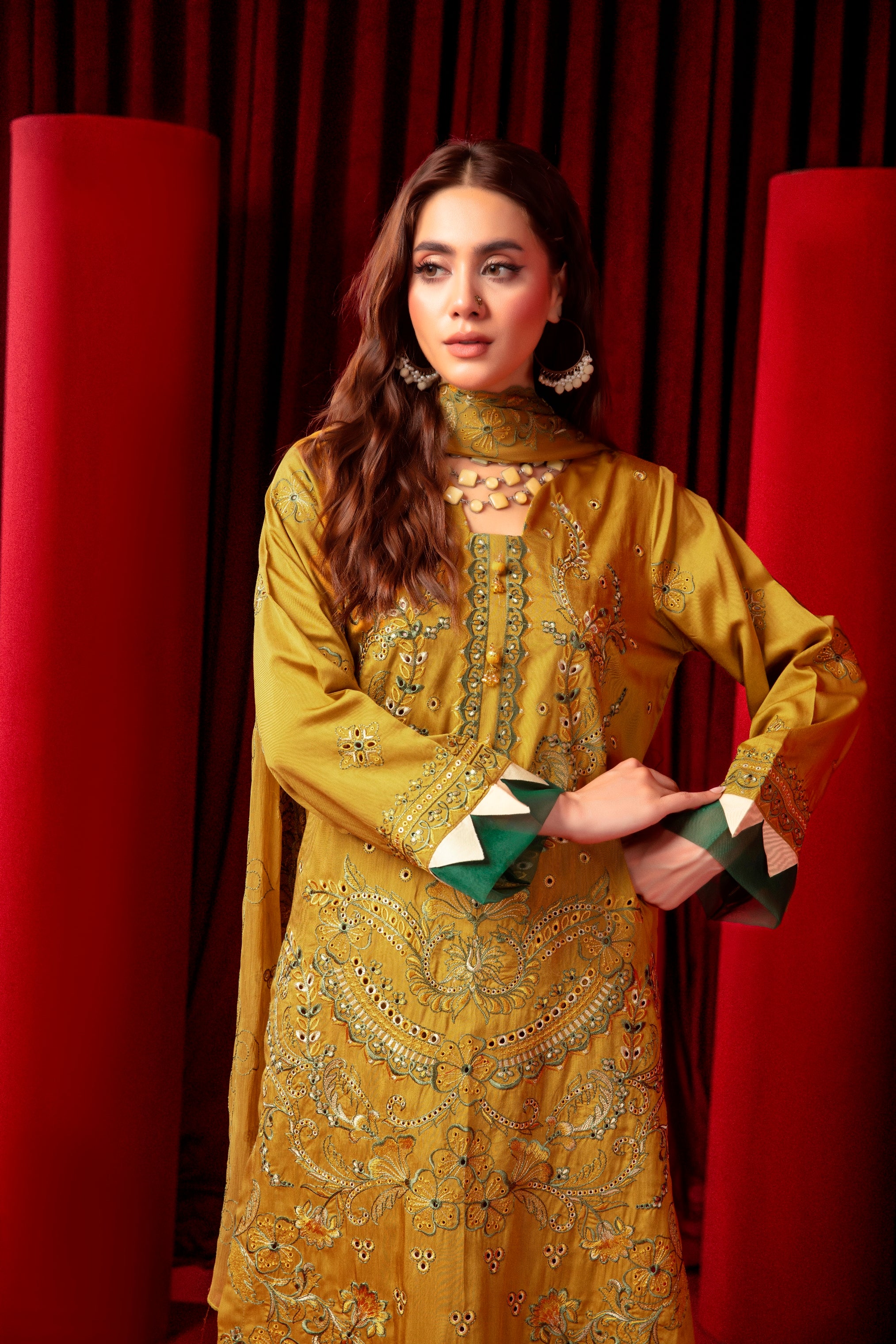 3-Pcs Luxury Embroidery Viscose Suit with Heavy Embroidery  Shirt Bamber Embroidery  Dupatta by Fiza Minahil (SN/1280)