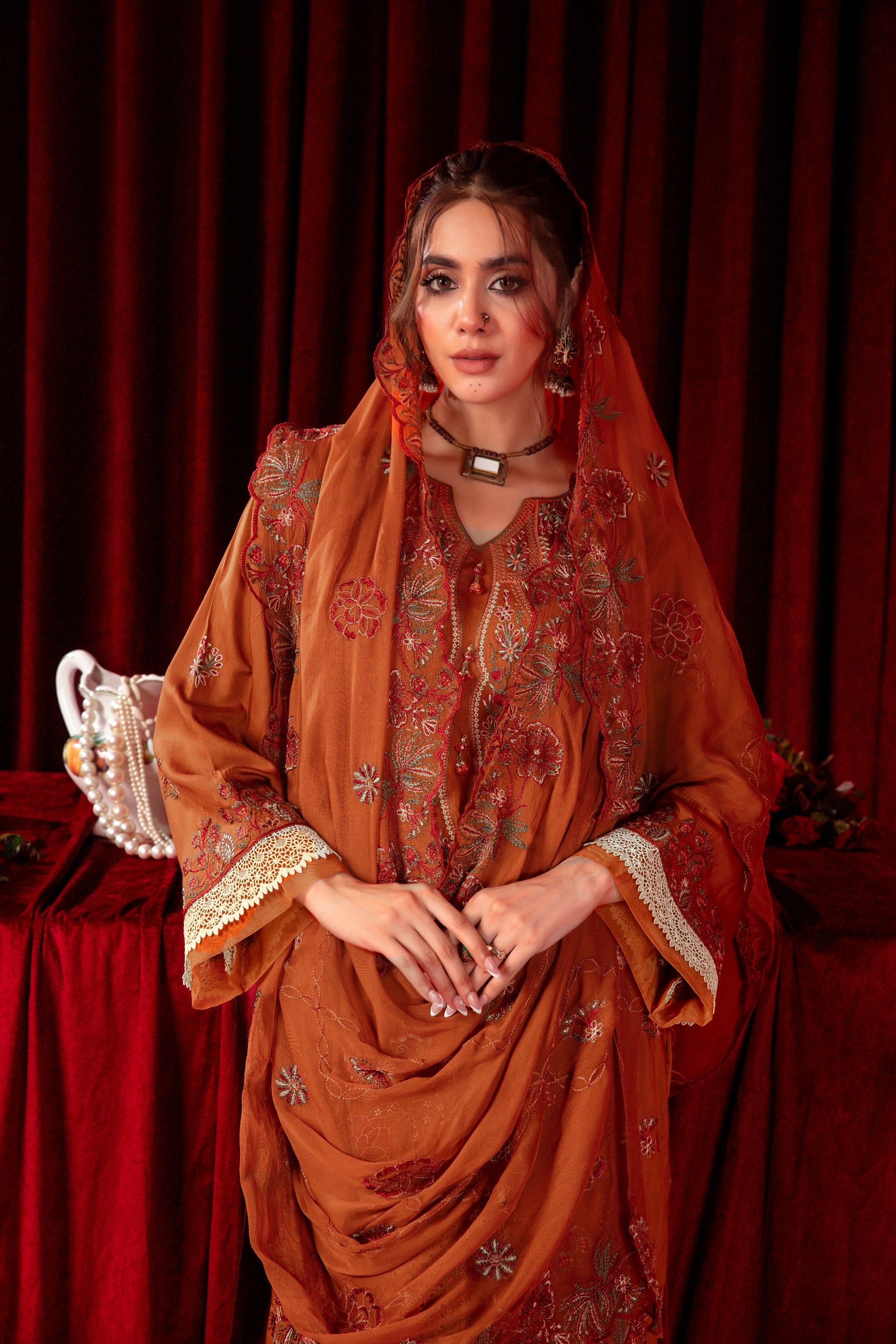 3-Pcs Luxury Embroidery Viscose Suit with Heavy Embroidery  Shirt Bamber Embroidery  Dupatta by Fiza Minahil (SN/1282)