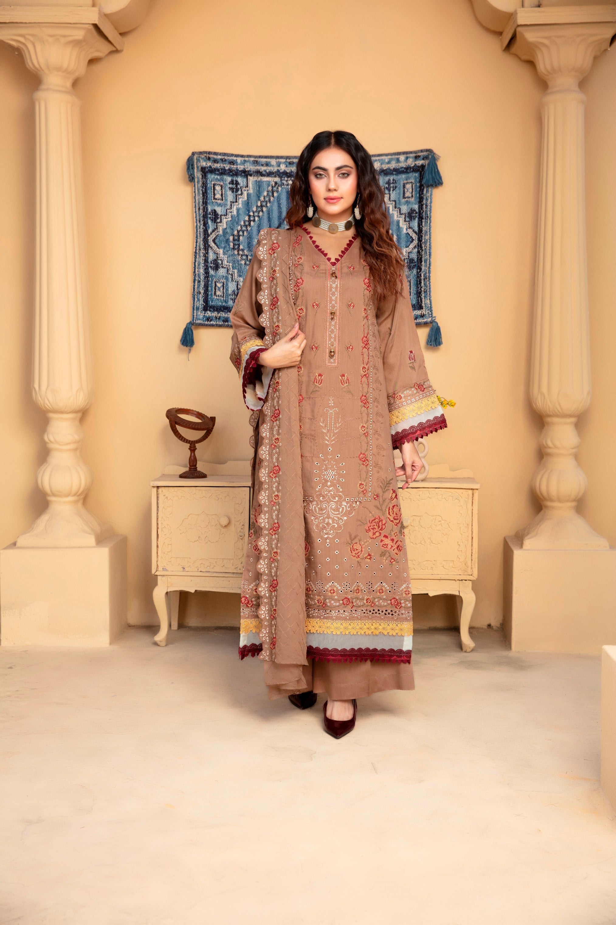 3-Pcs Luxury Embroidery Viscose Suit with Heavy Embroidery  Shirt Bamber Embroidery  Dupatta by Fiza Minahil (SN/1293.J)