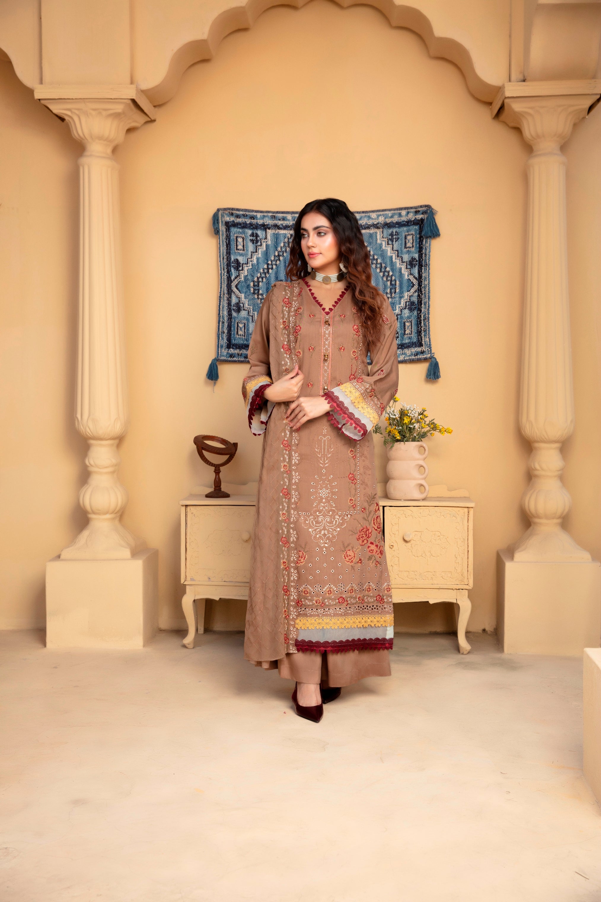 3-Pcs Luxury Embroidery Viscose Suit with Heavy Embroidery  Shirt Bamber Embroidery  Dupatta by Fiza Minahil (SN/1293.J)
