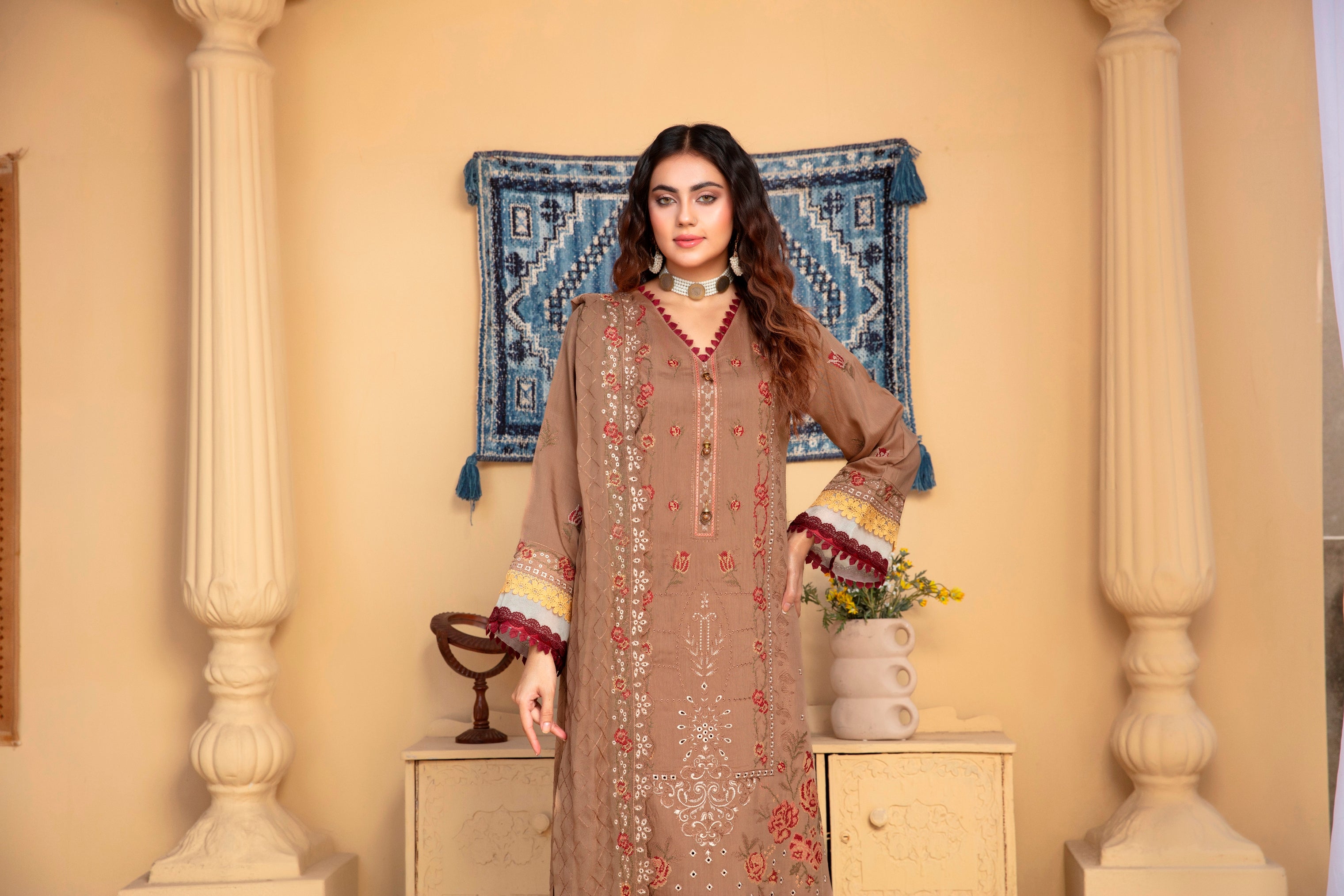 3-Pcs Luxury Embroidery Viscose Suit with Heavy Embroidery  Shirt Bamber Embroidery  Dupatta by Fiza Minahil (SN/1293.J)