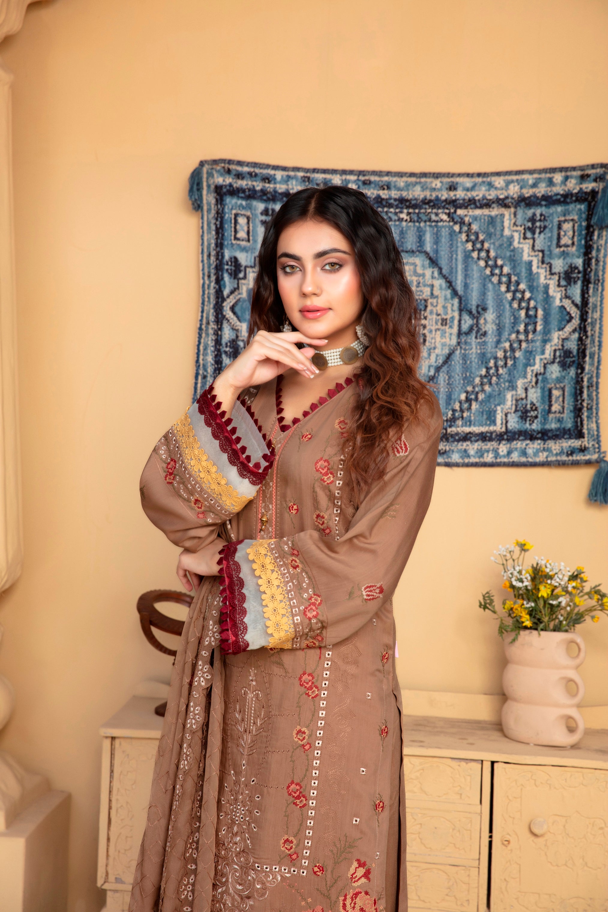 3-Pcs Luxury Embroidery Viscose Suit with Heavy Embroidery  Shirt Bamber Embroidery  Dupatta by Fiza Minahil (SN/1293.J)