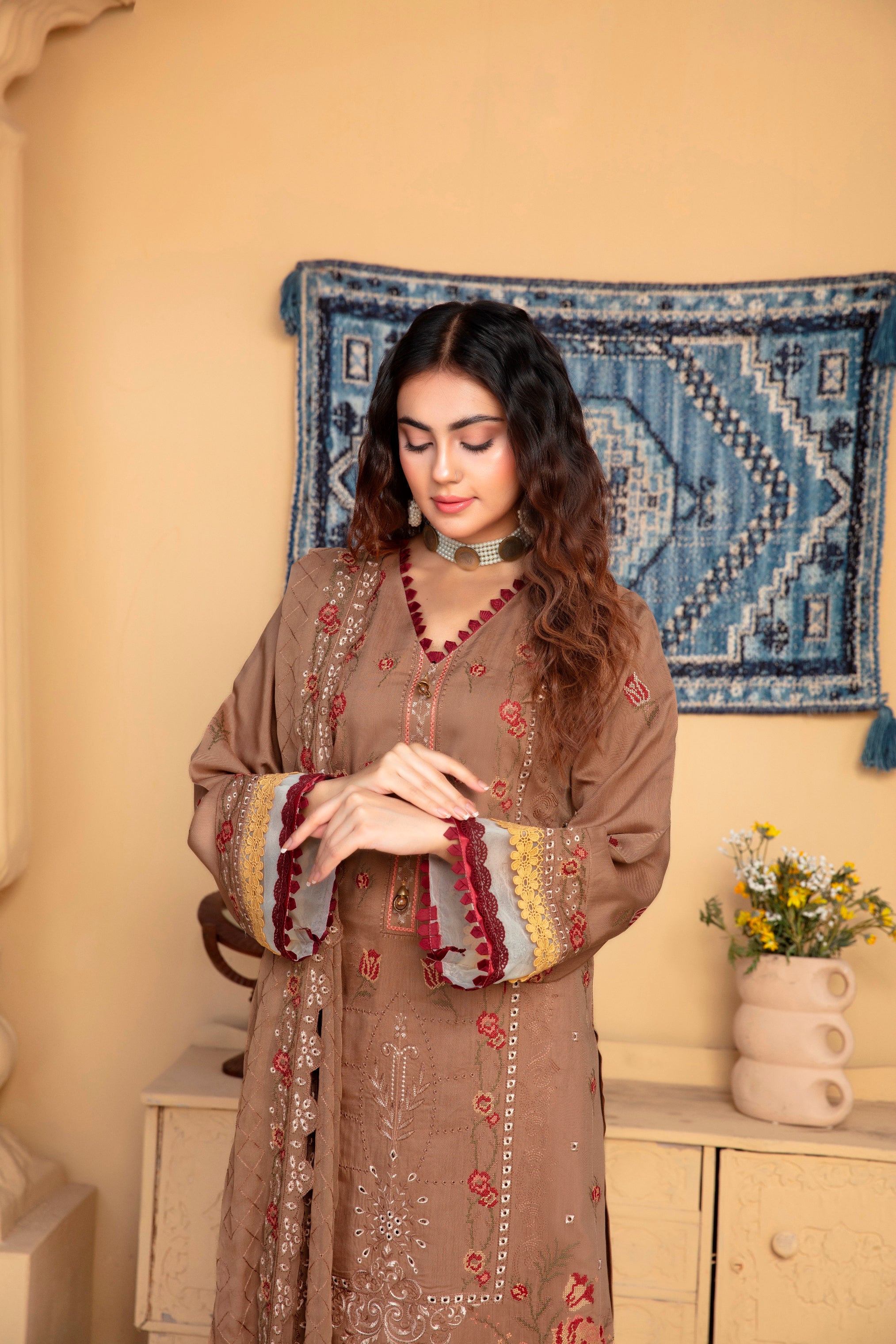 3-Pcs Luxury Embroidery Viscose Suit with Heavy Embroidery  Shirt Bamber Embroidery  Dupatta by Fiza Minahil (SN/1293.J)